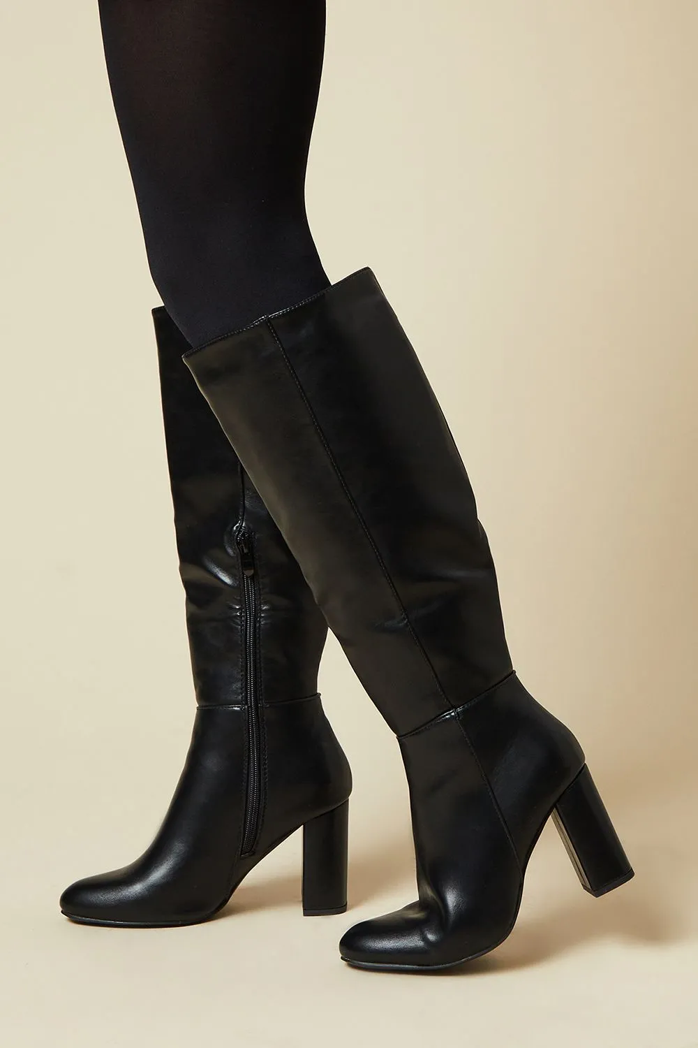 Wide Fit Liliana Almond Toe High Block Heel Knee Boots