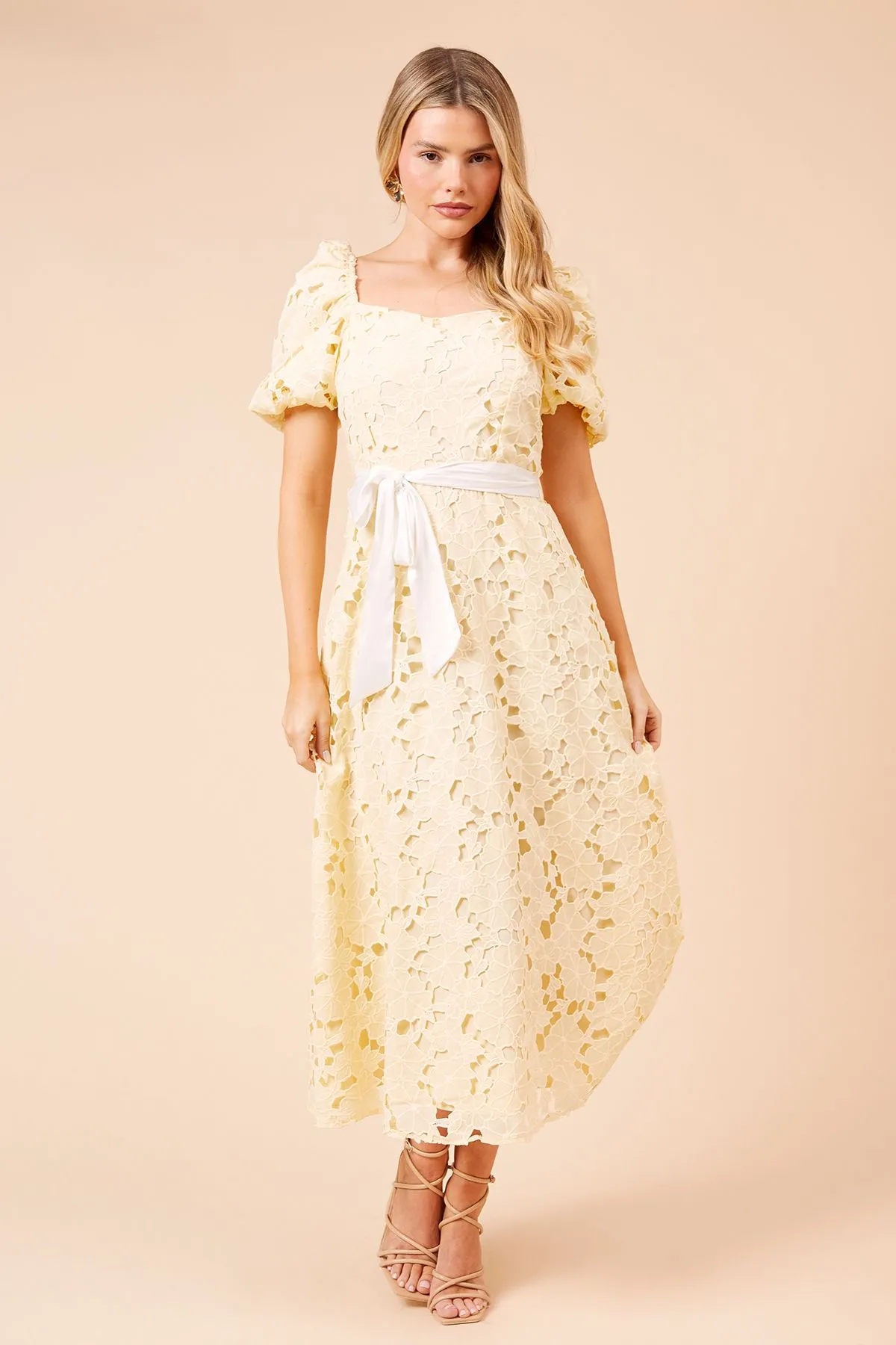 DP Luxe Cut-Work Lace Contrast Belt Midi Dress