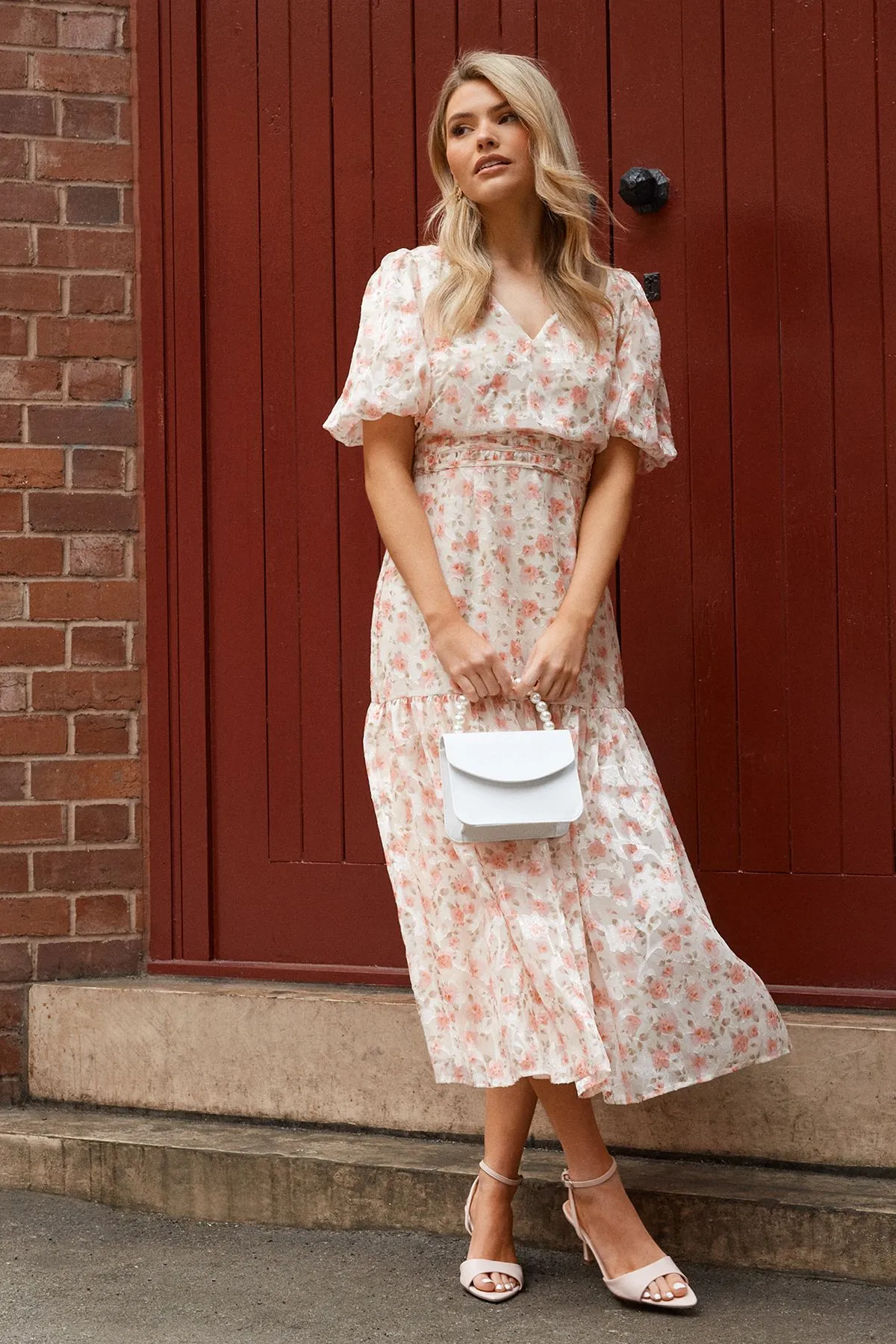 DP Luxe Chiffon Jacquard Puff Sleeve Midi Dress