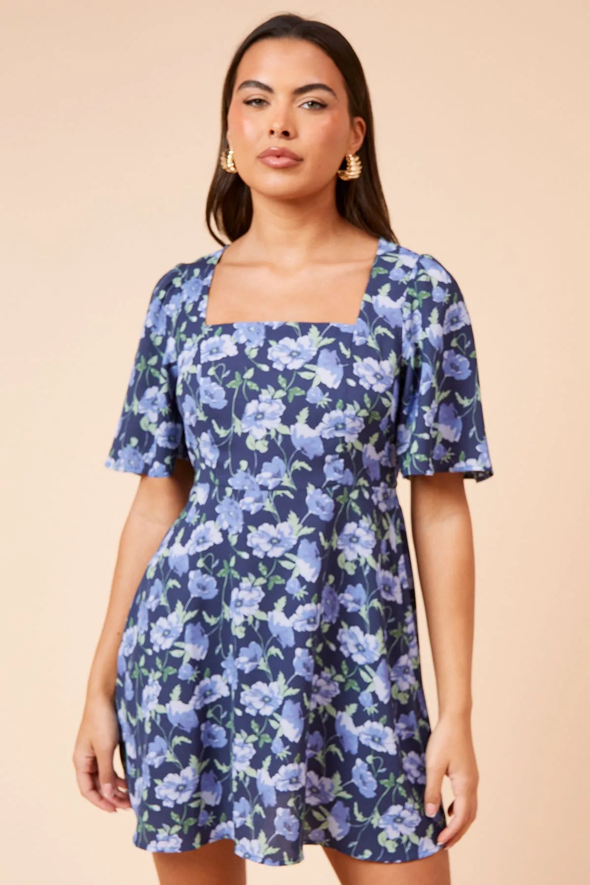 Blue Floral Seamed Bodice Angel Sleeve Mini Dress