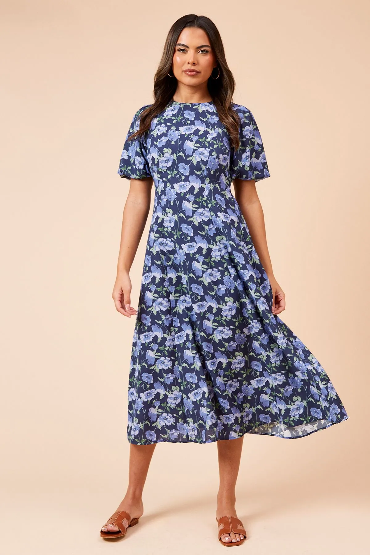 Blue Floral Seamed Body Puff Sleeve Midi Dress