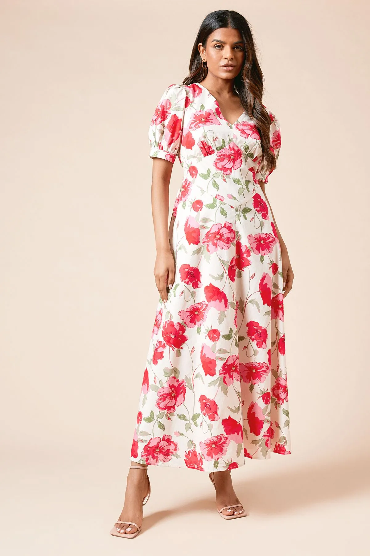 Petite Dropped Waist Poplin Short Sleeve Midi Dress