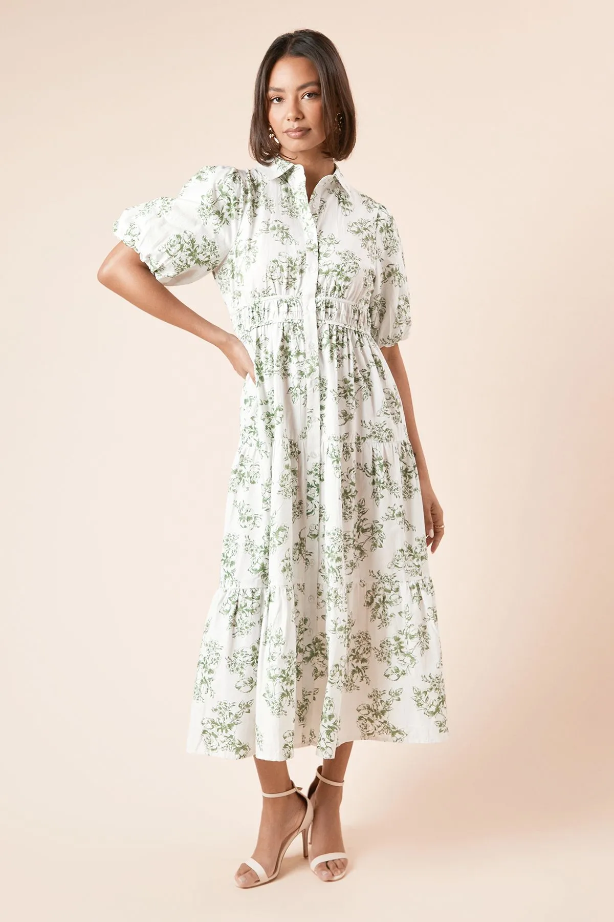 Green Floral Poplin Tiered Button Front Shirt Dress