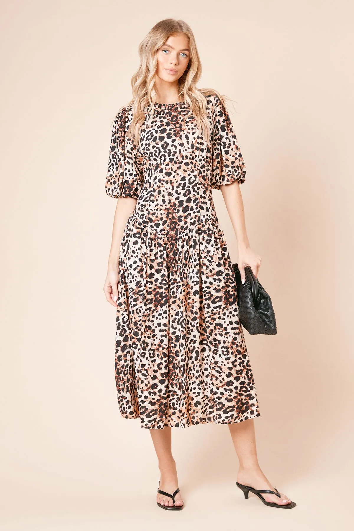 Animal Drop Waist Puff Sleeve Midi Dress