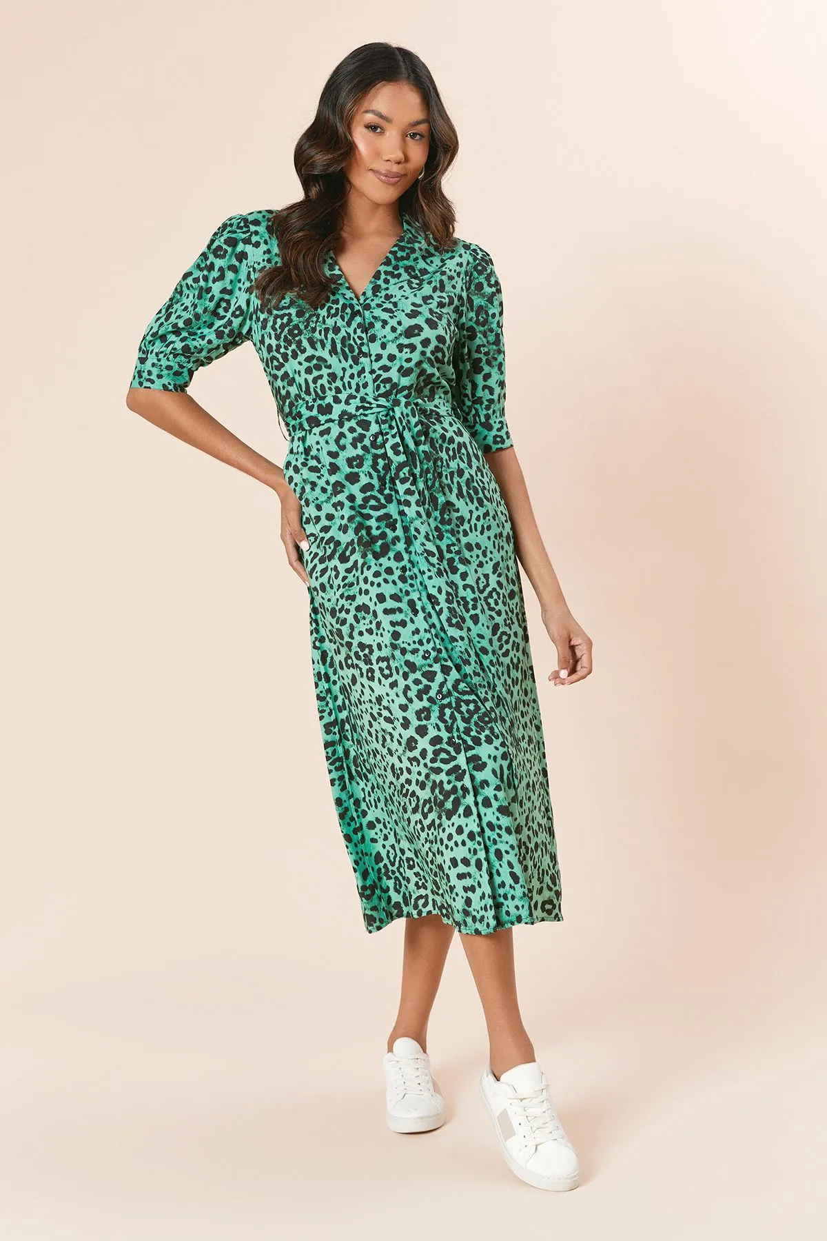 Green Animal Belted Puff Sleeve Shirt Dress