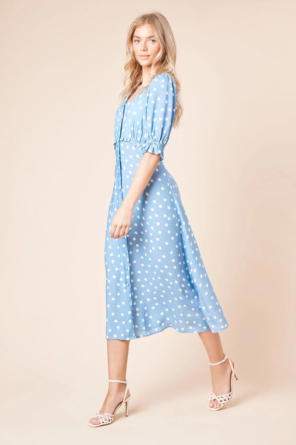 Blue Spot Button Front Puff Sleeve Midi Dress