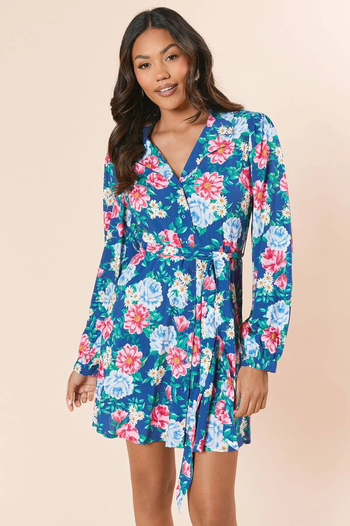 Blue Floral Blouson Sleeve Mini Shirt Dress