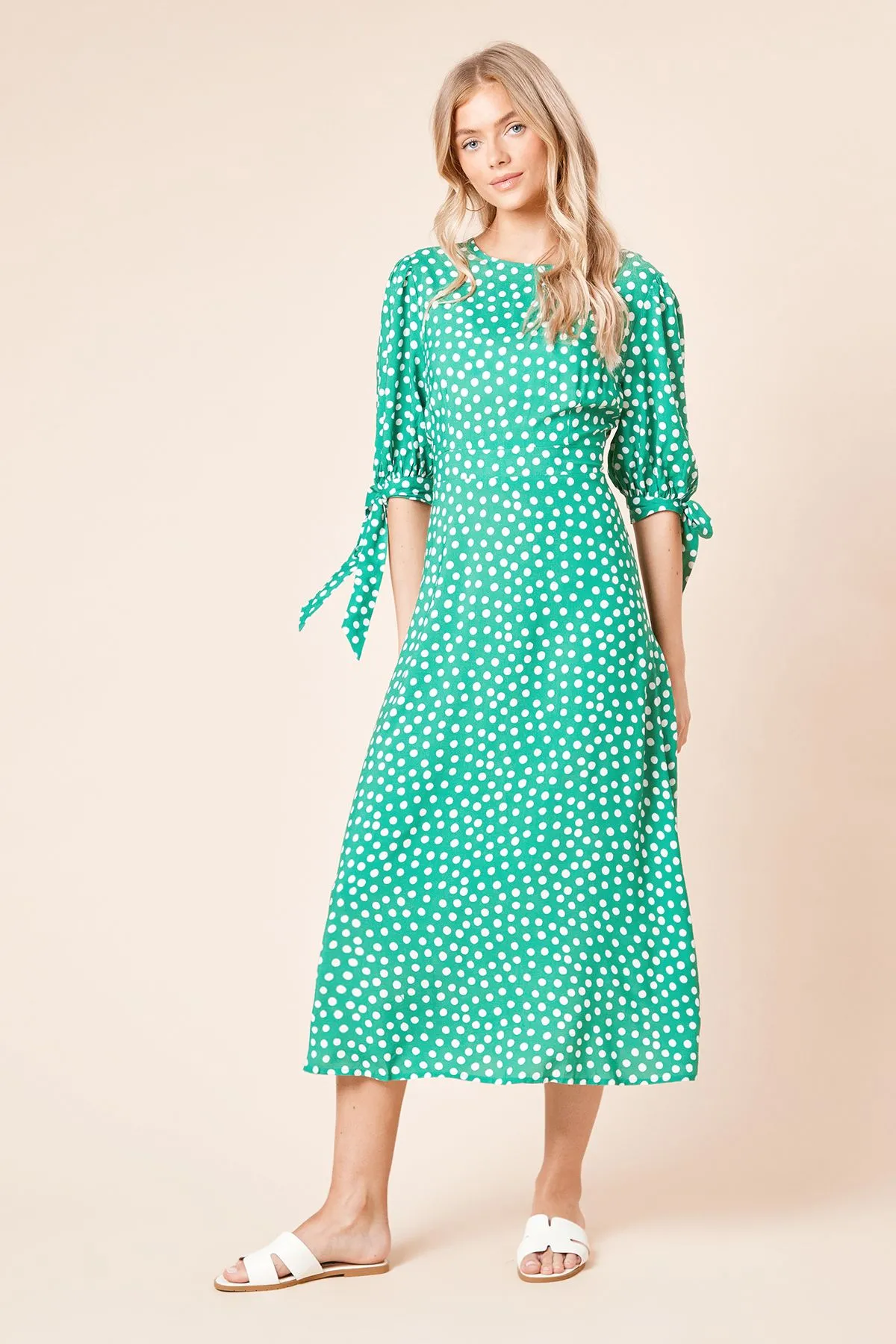 Green Spot Tie Puff Sleeve Midi Dress