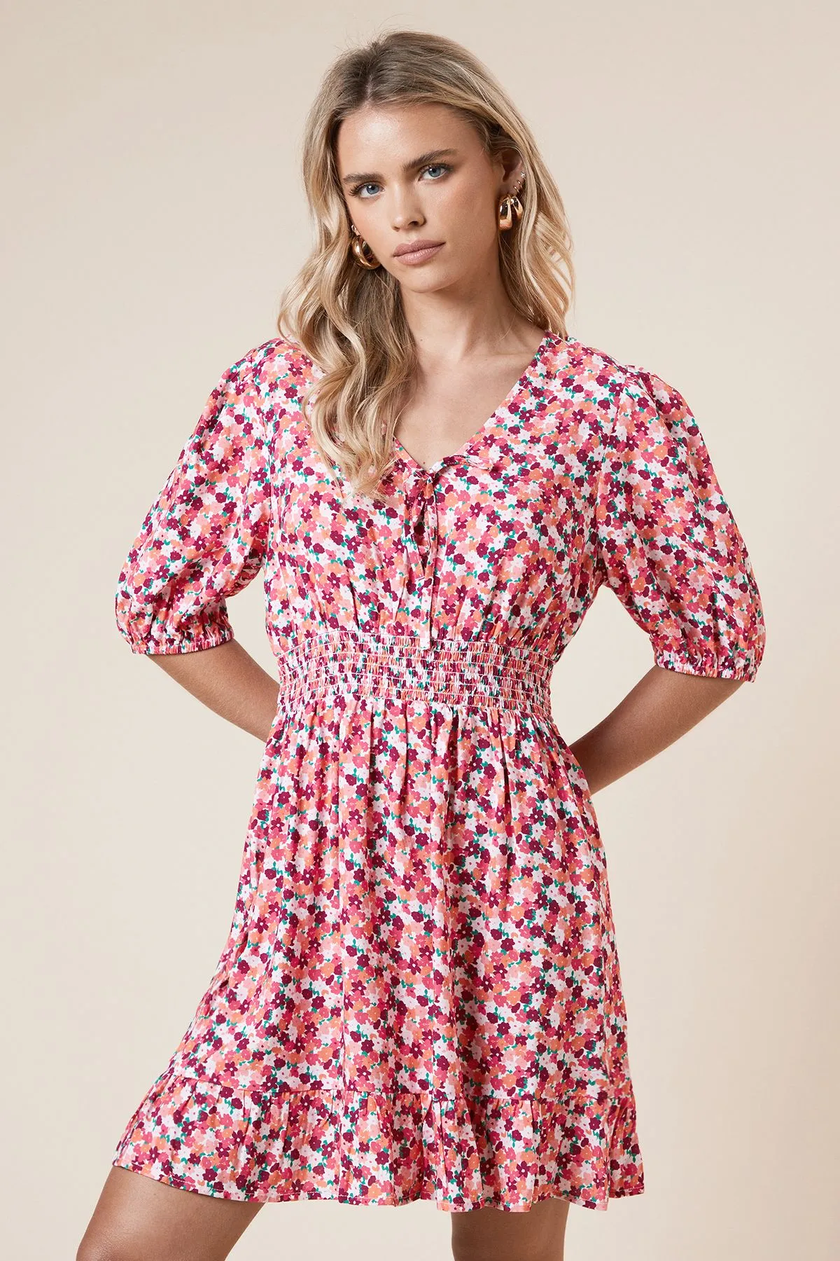 Petite Floral Tie Front Frill Sleeve Mini Dress