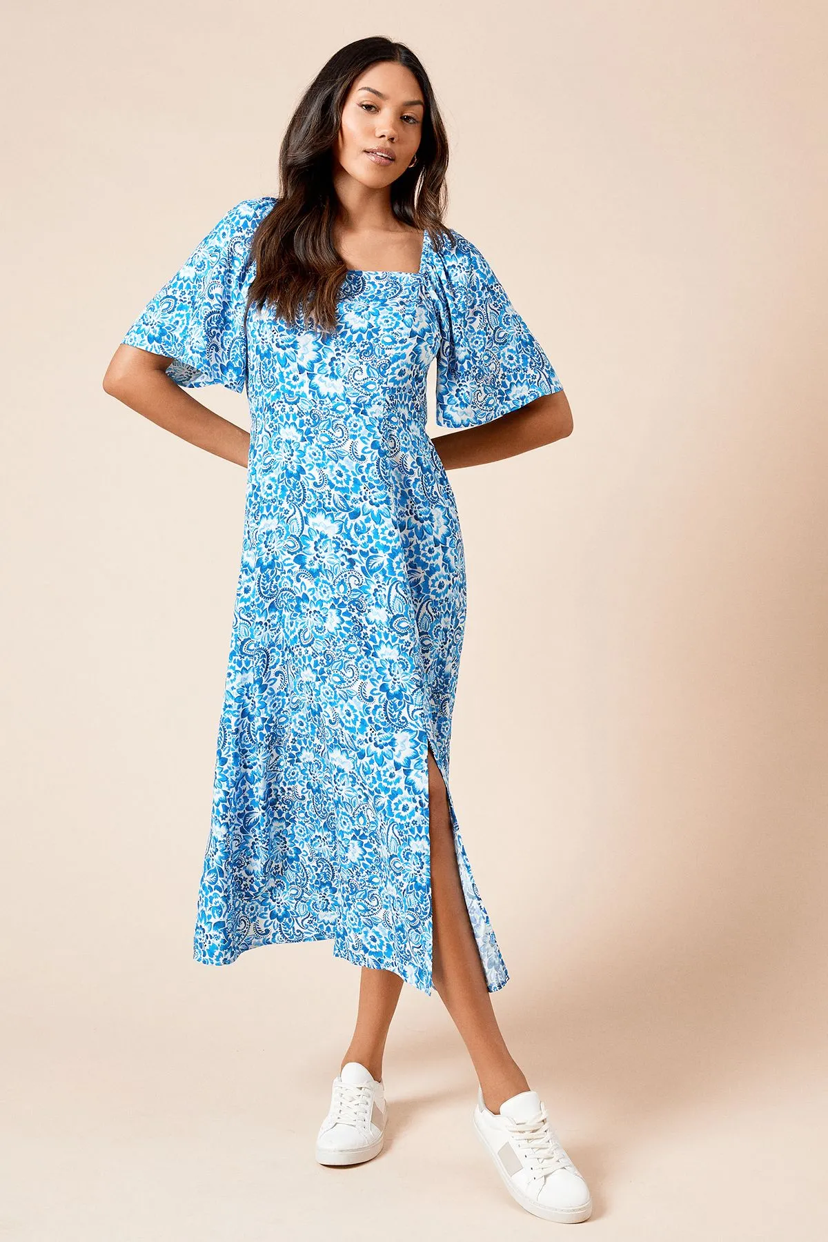 Blue Square Neck Angel Sleeve Midi Dress