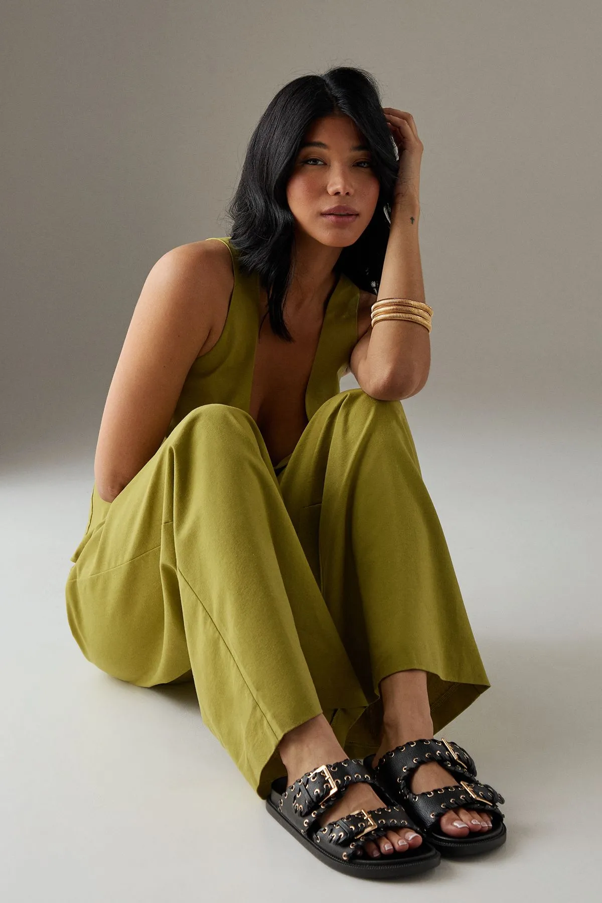 Faith: Giuliana Faux Leather Eyelet & Whipstitch Double Buckle Footbed Sliders