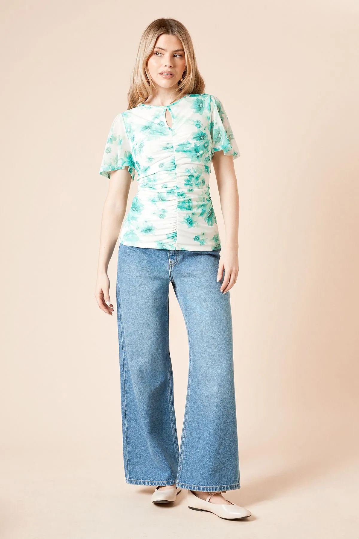 Green Floral Keyhole Ruched Front Angel Sleeve Mesh Jersey Top