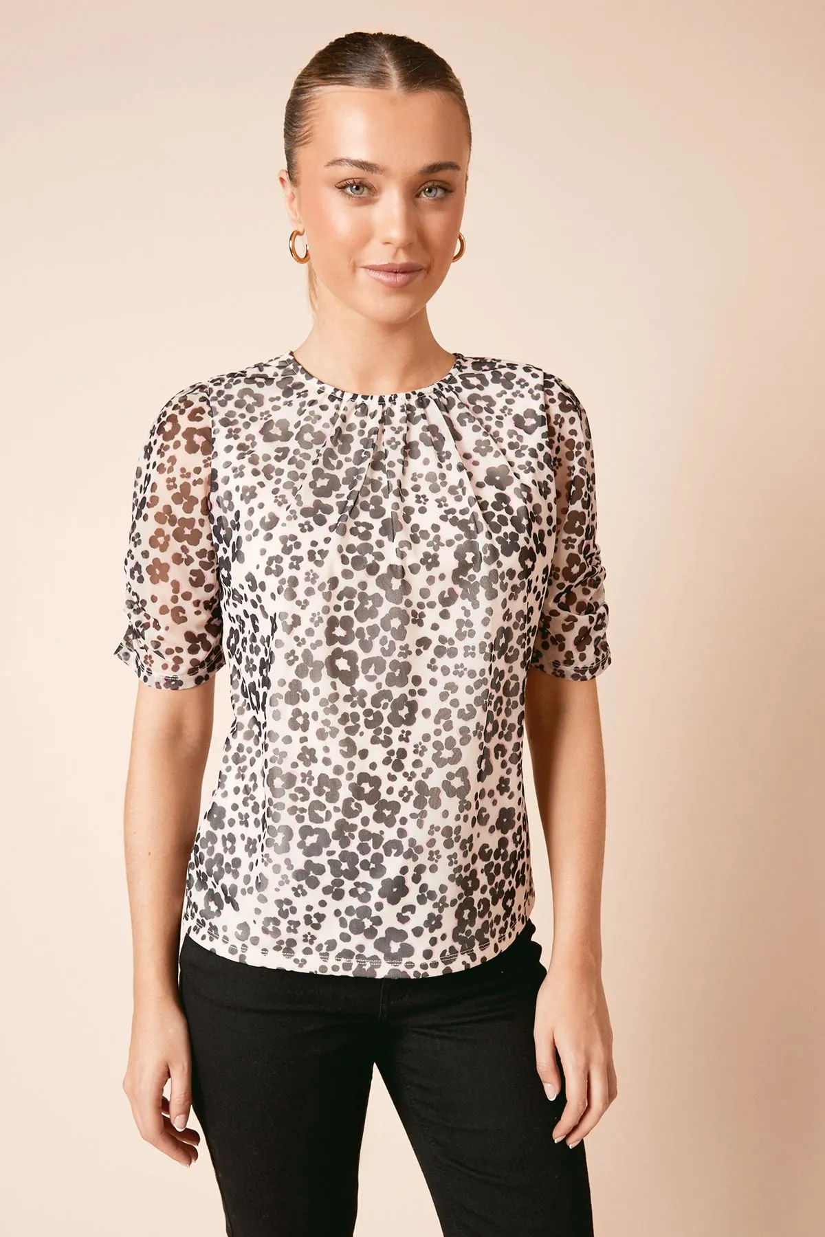 Animal Gathered Neckline Puff Sleeve Jersey Mesh Top