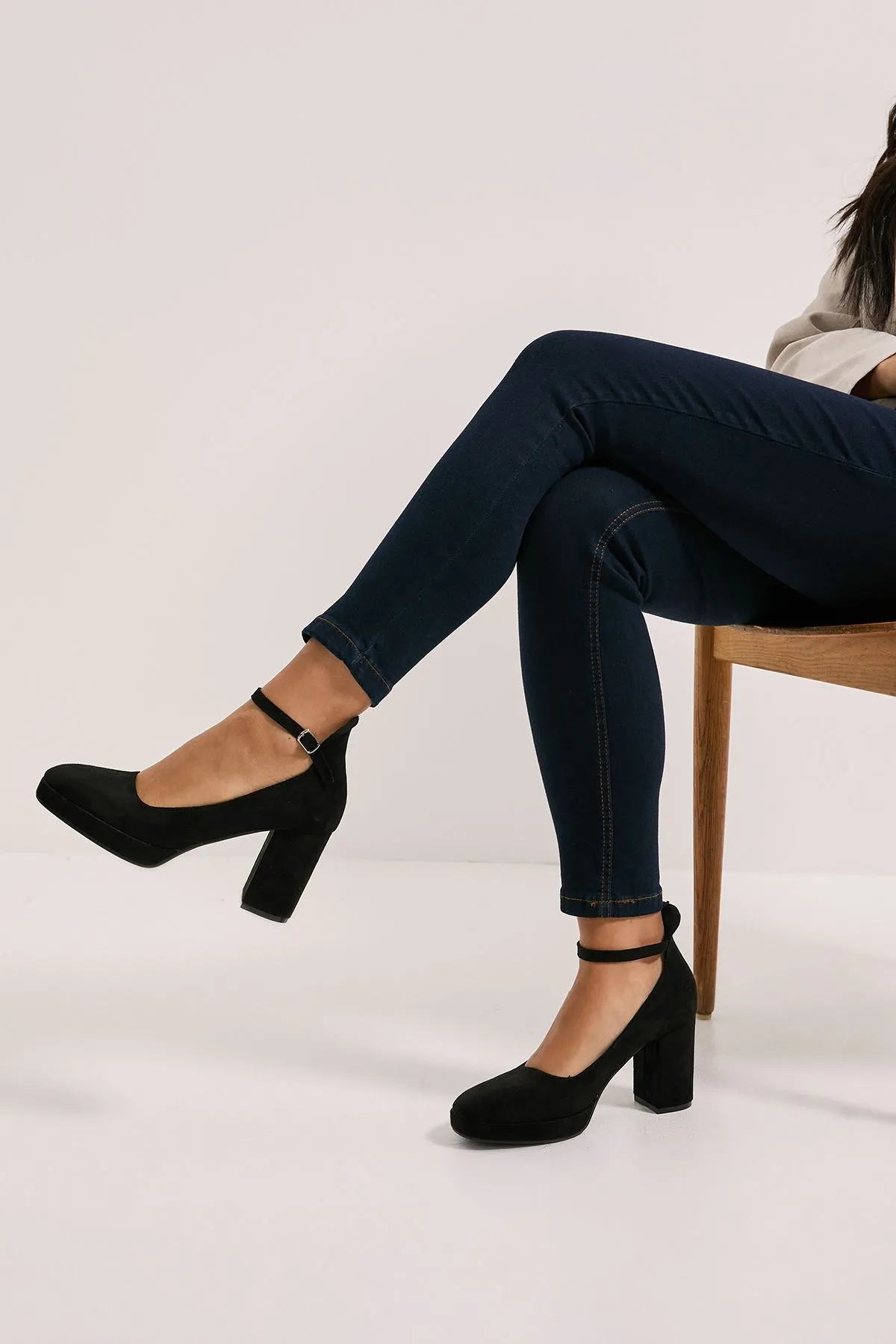 Vanessa Faux Suede Platform Ankle Strap High Block Heel Court Shoes