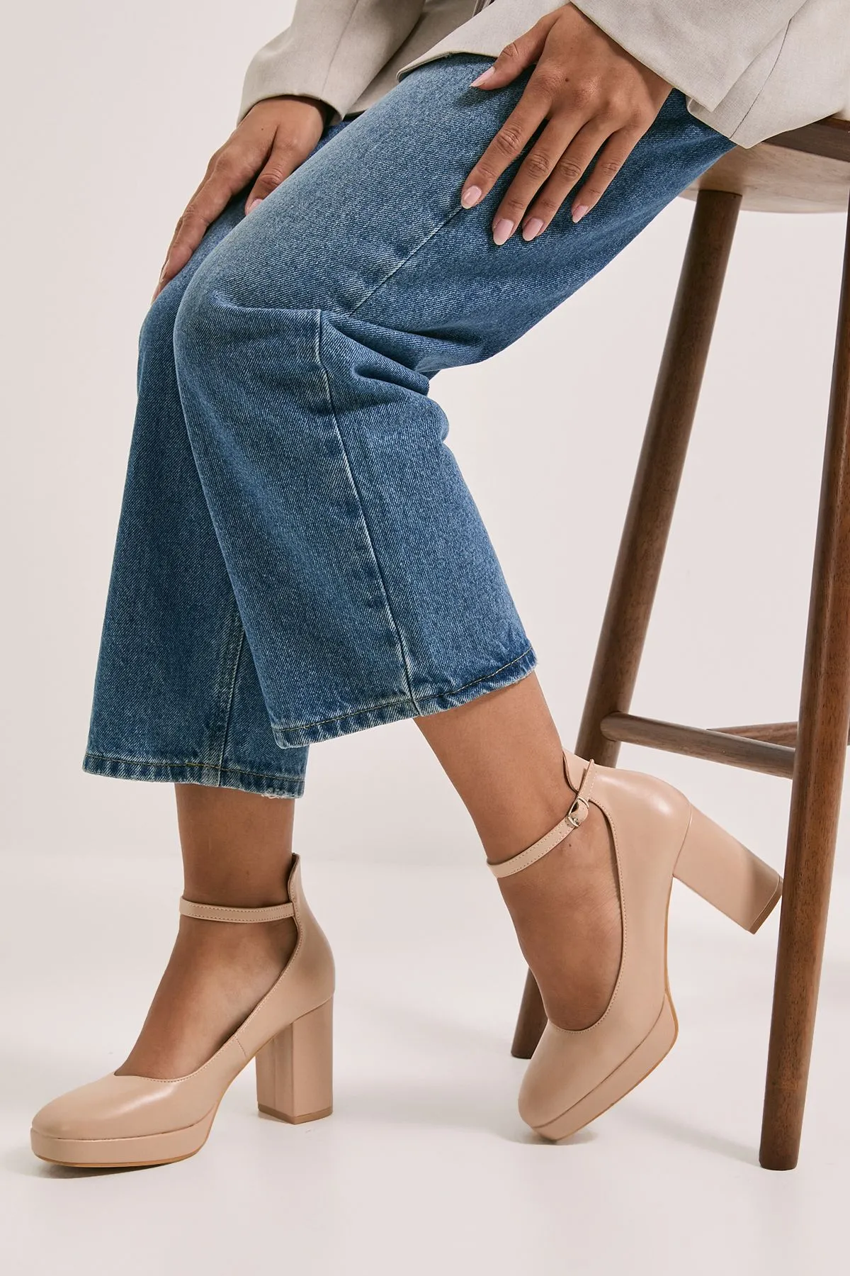 Vanessa Faux Leather Platform Ankle Strap High Block Heel Court Shoes