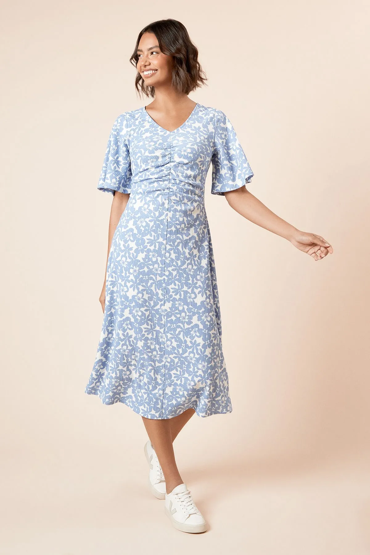 Blue Floral Angel Sleeve Ruched Front Jersey Midi Dress