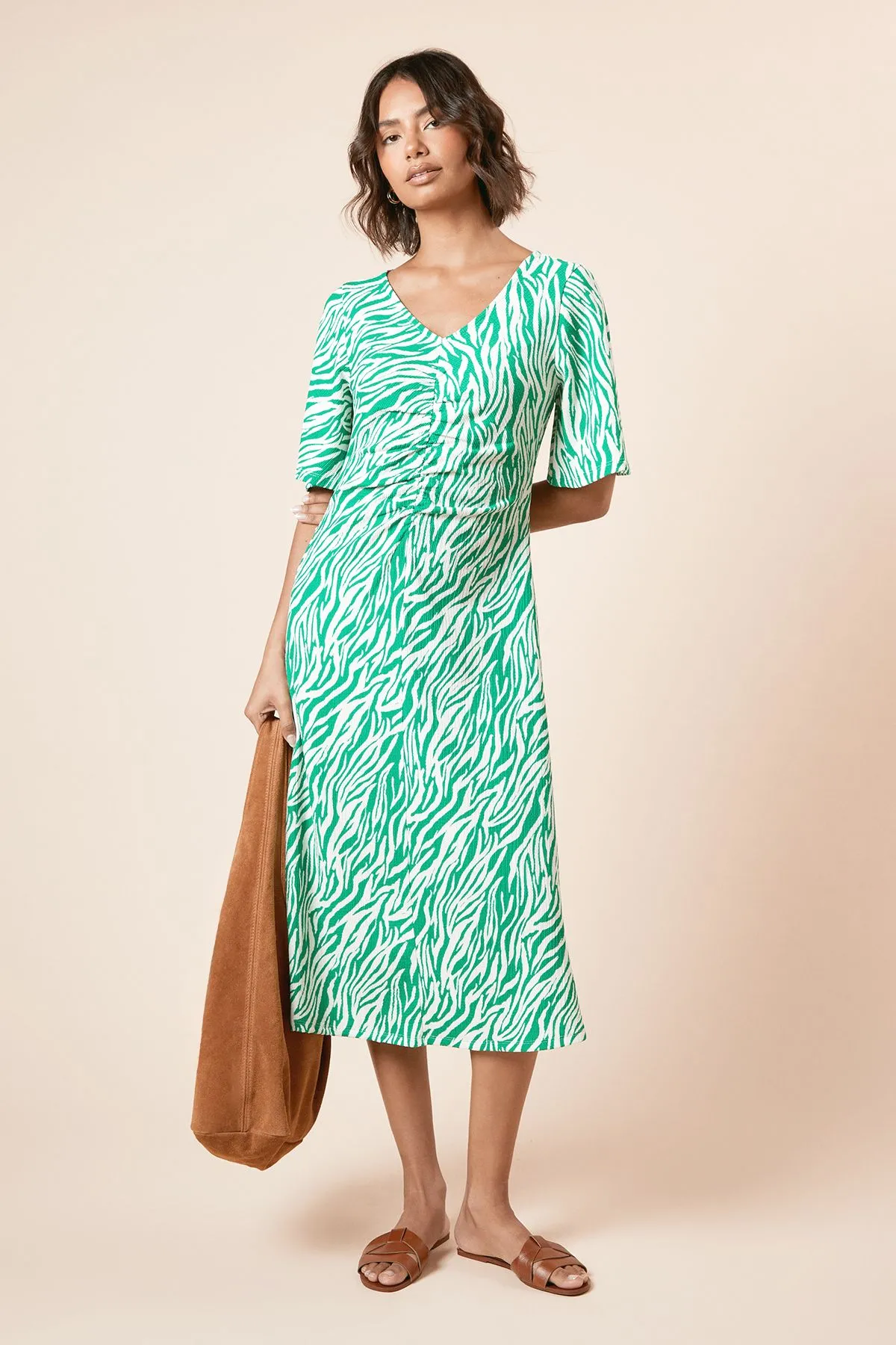 Zebra Angel Sleeve Ruched Front Jersey Midi Dress