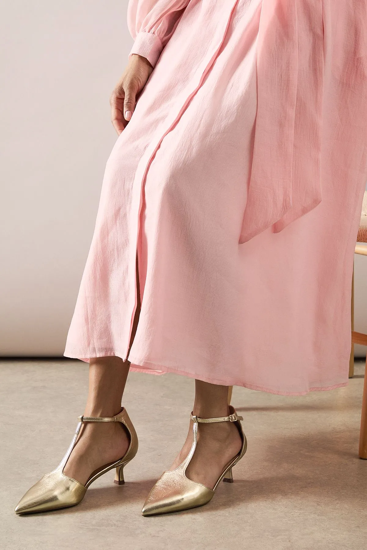 Good For The Sole: Emmie Faux Leather T-Bar Pointed Kitten Heel Court Shoes