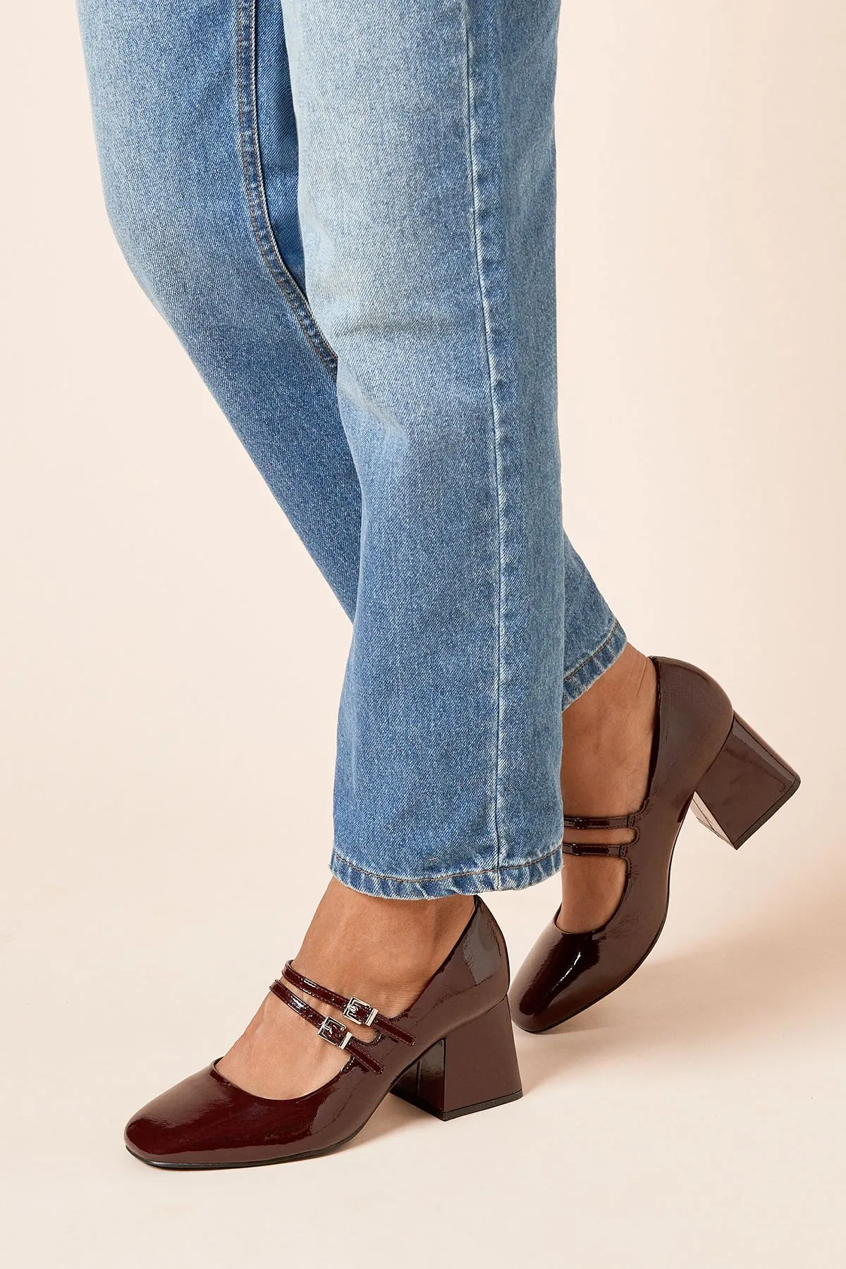 Wide Fit Dawn Faux Patent Leather Double Mary Jane Mid  Block Heel Court Shoes