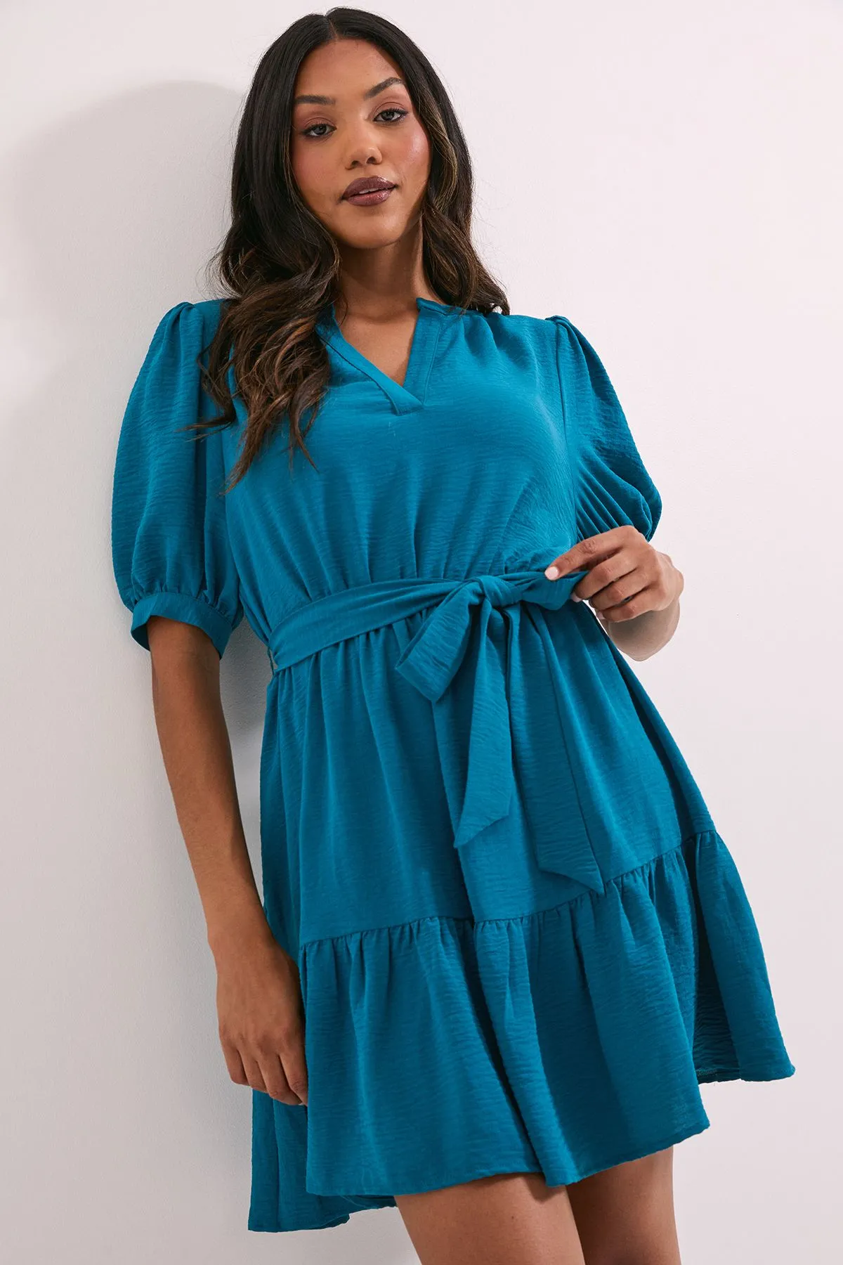 Overhead Belted Puff Sleeve Mini Dress