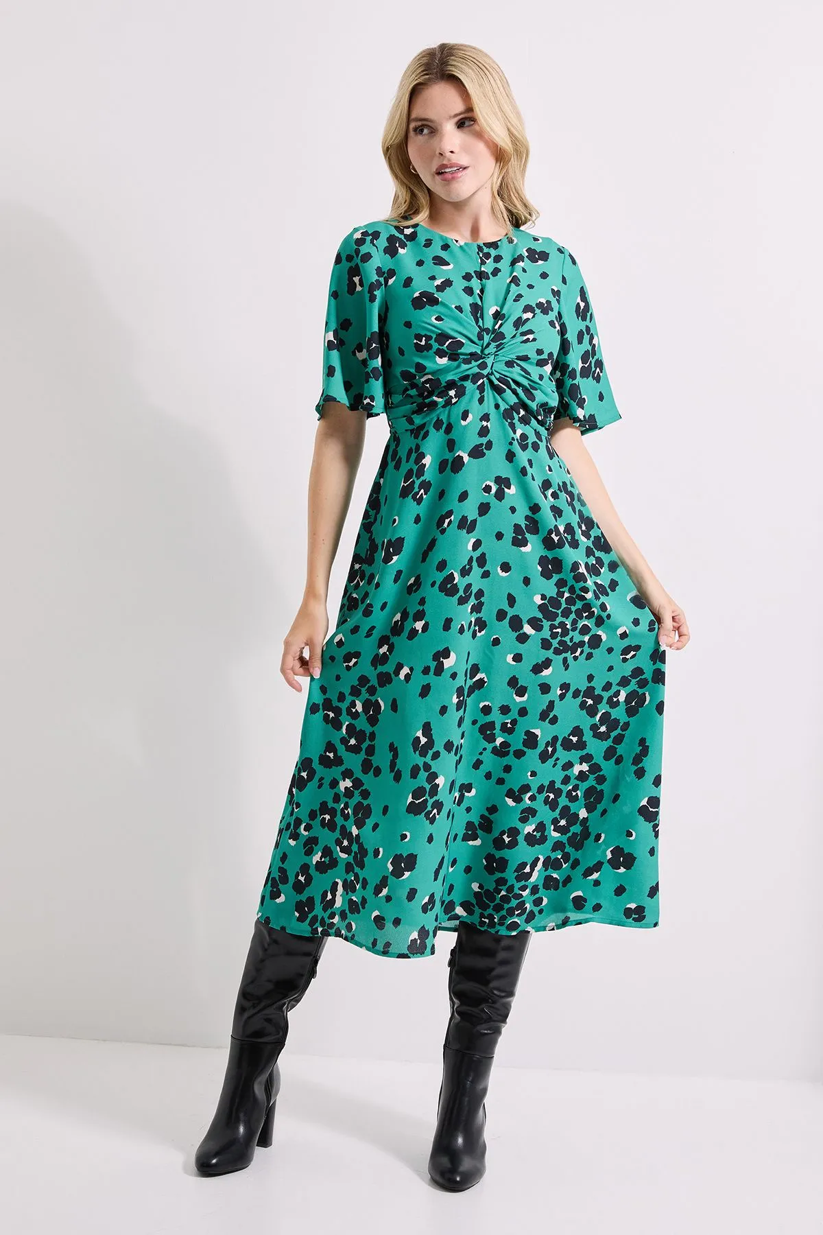 Green Animal Twist Front Angel Sleeve Midi Dress
