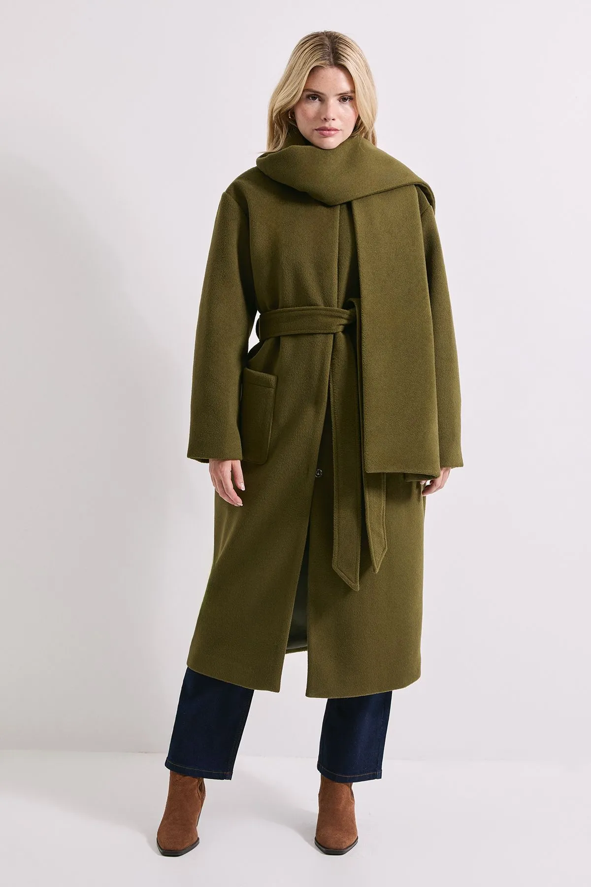 Belted Round Neck Scarf Coat