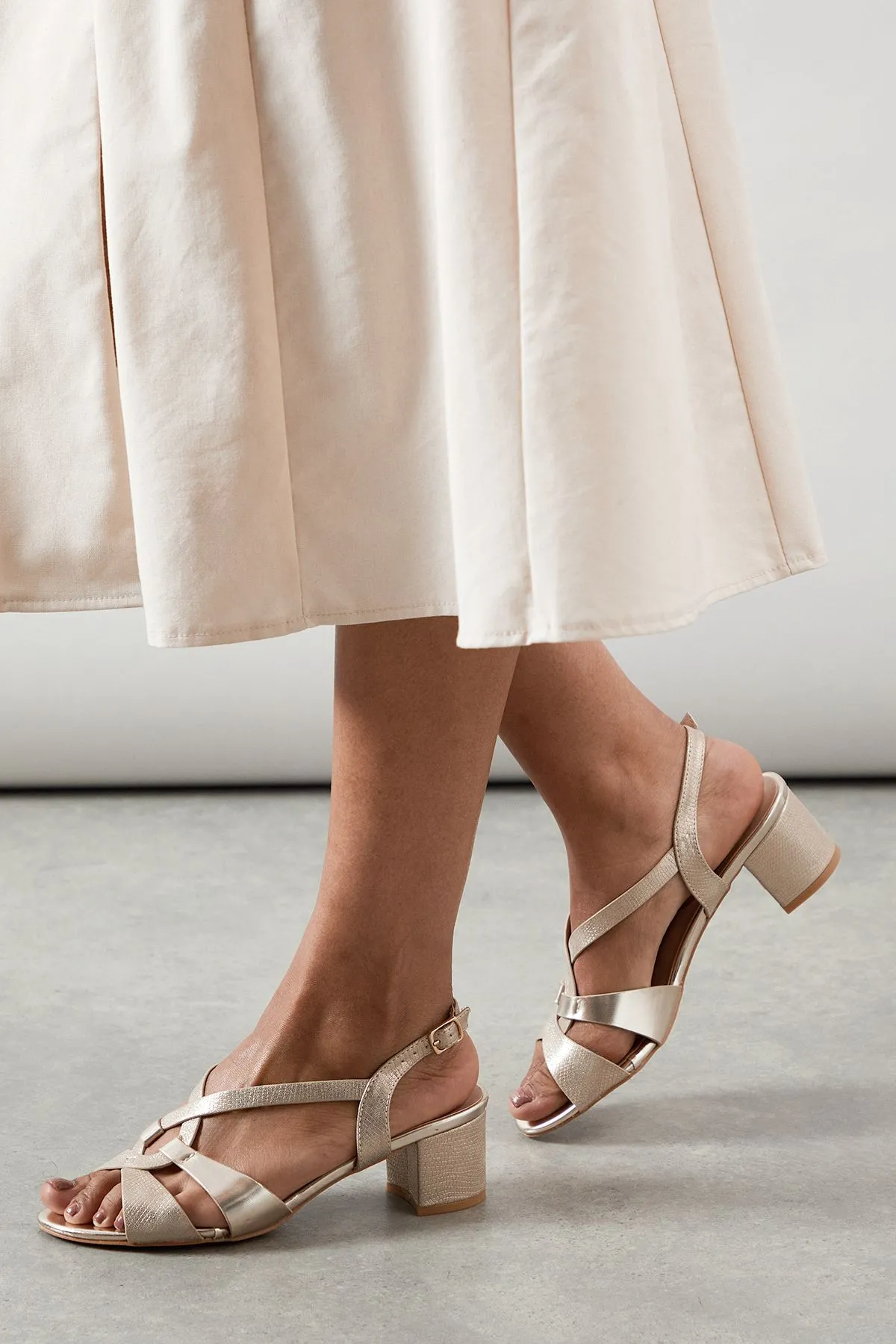 Good For The Sole: Claire Metallic Mixed Material Medium Block Heel Slingback Sandals