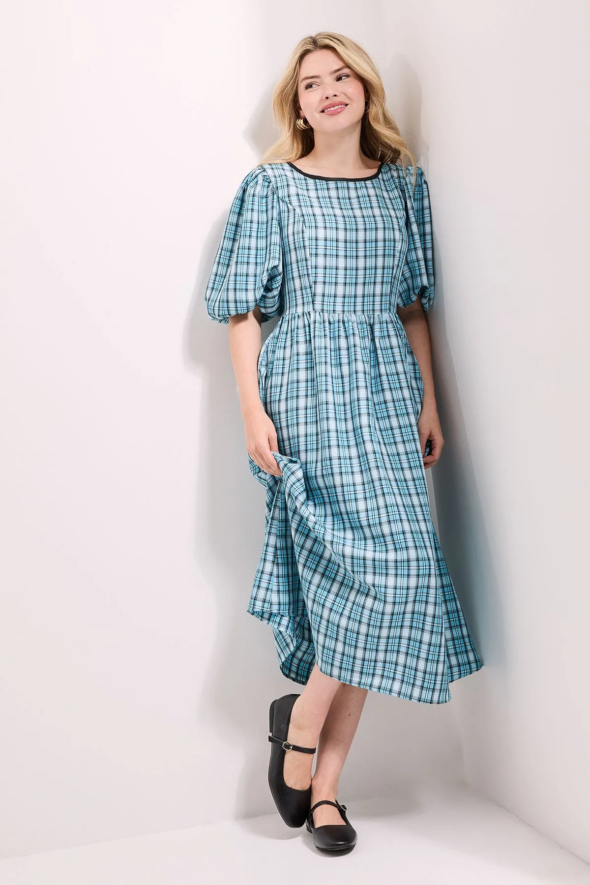 Gingham Puff Sleeve Tie Back Midi Dress