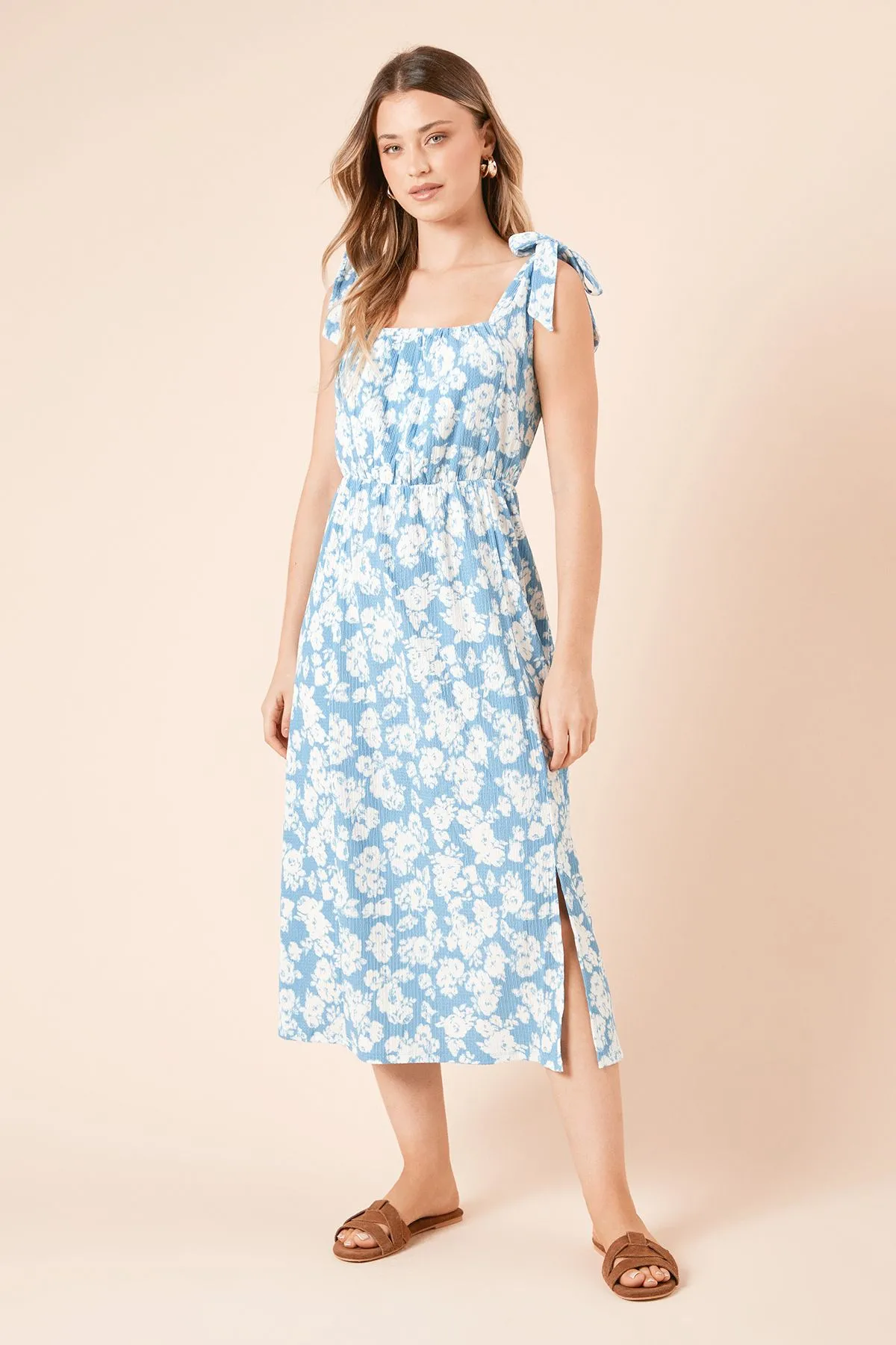 Blue Floral Tie Strap Printed Jersey Midi Dress