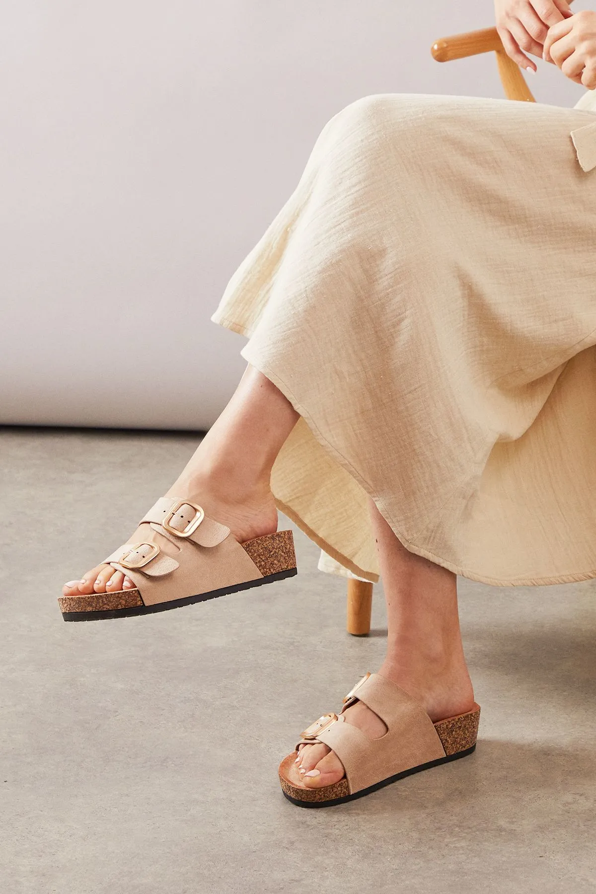 Good For The Sole: Margaret Faux Leather Double Buckle Wedge Footbed Sandals