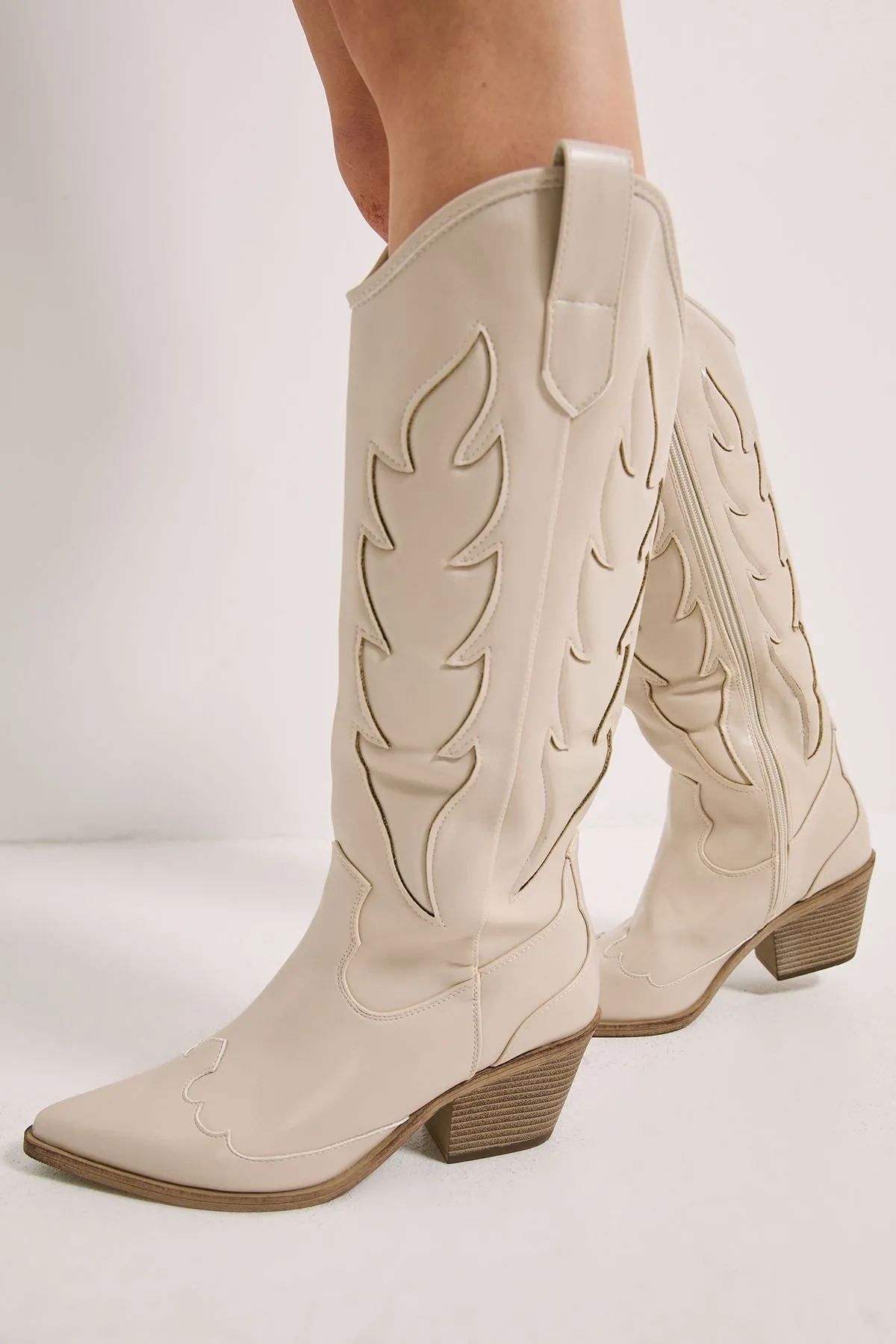 Faith: Issy Faux Leather Detailed Western Cowboy Calf Boots