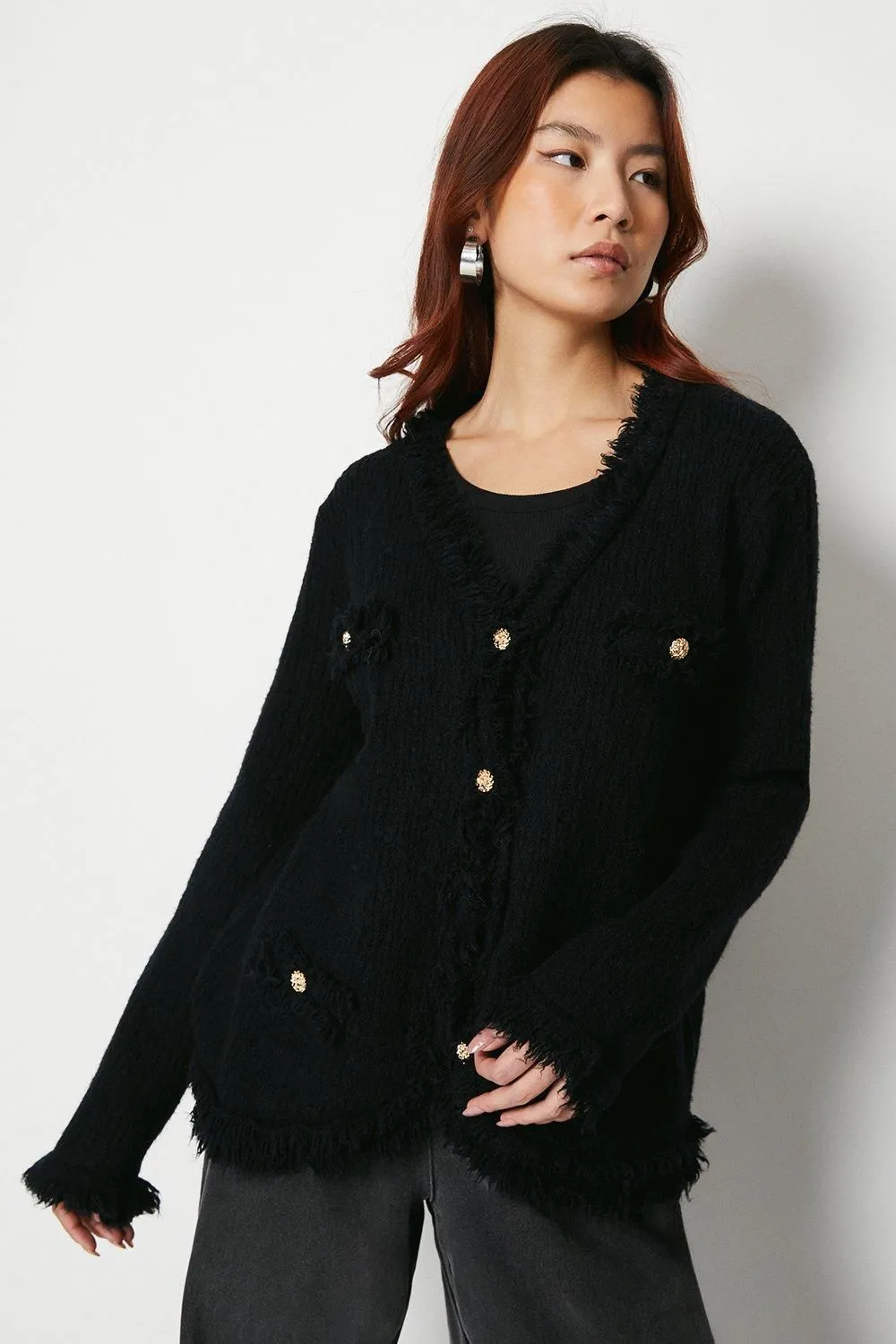 V Neck Tassel Trim Pocket Cardigan