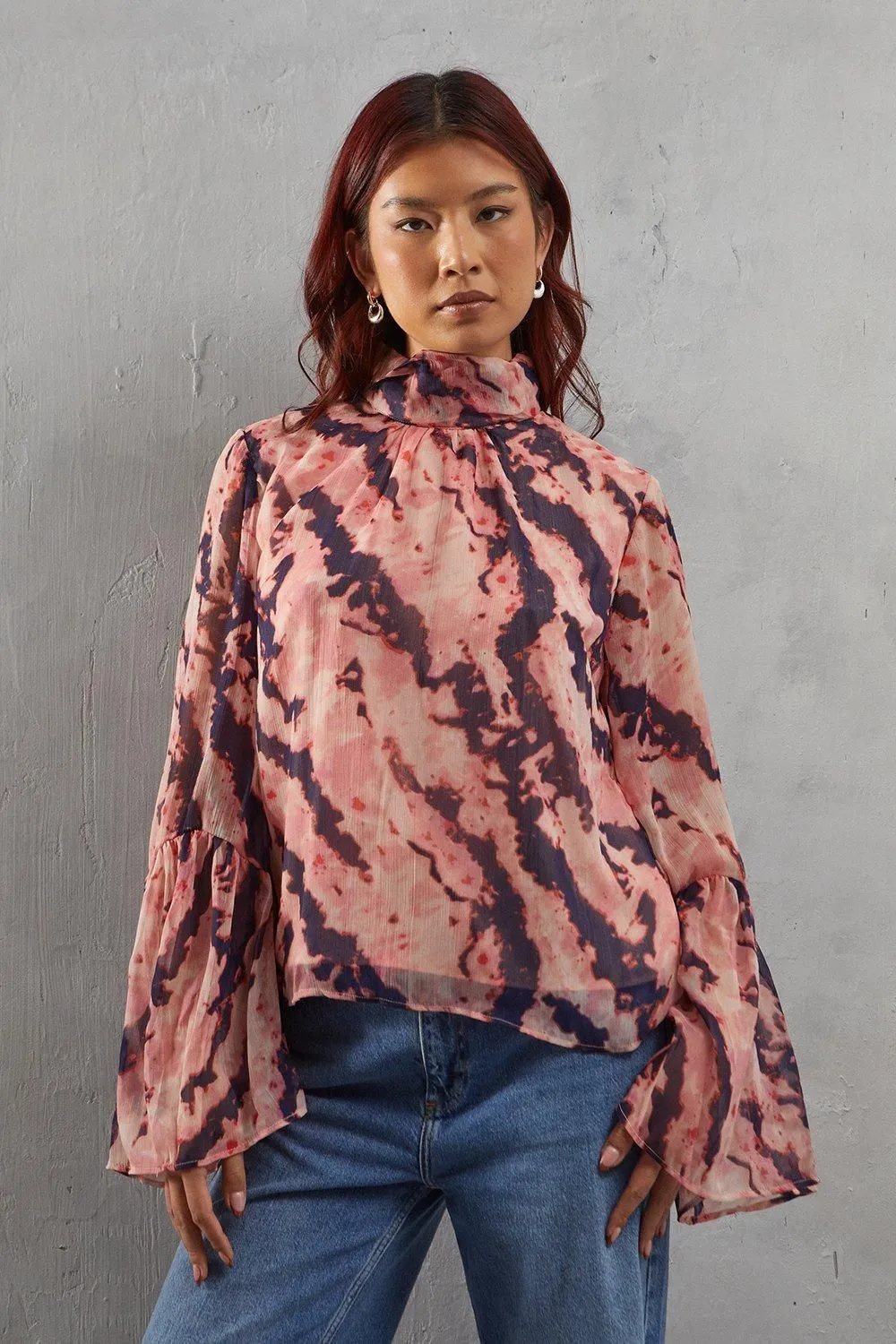 Abstract Chiffon High Neck Flutter Sleeve Blouse