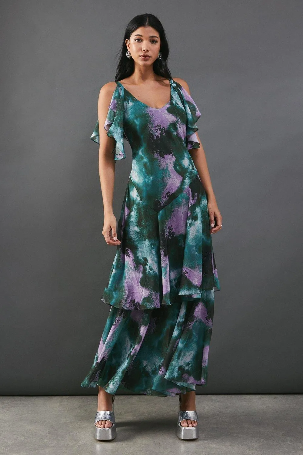 Abstract Strappy Chiffon Tendril Layer Midi Dress