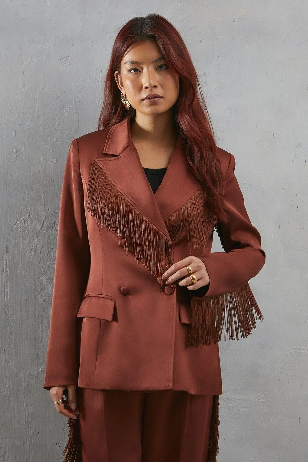 Premium Satin Fringe Double Breasted Blazer