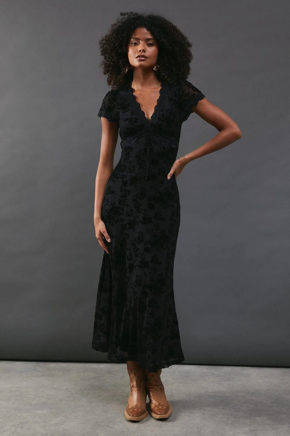 Velvet Mesh Lace Insert Midi Tea Dress