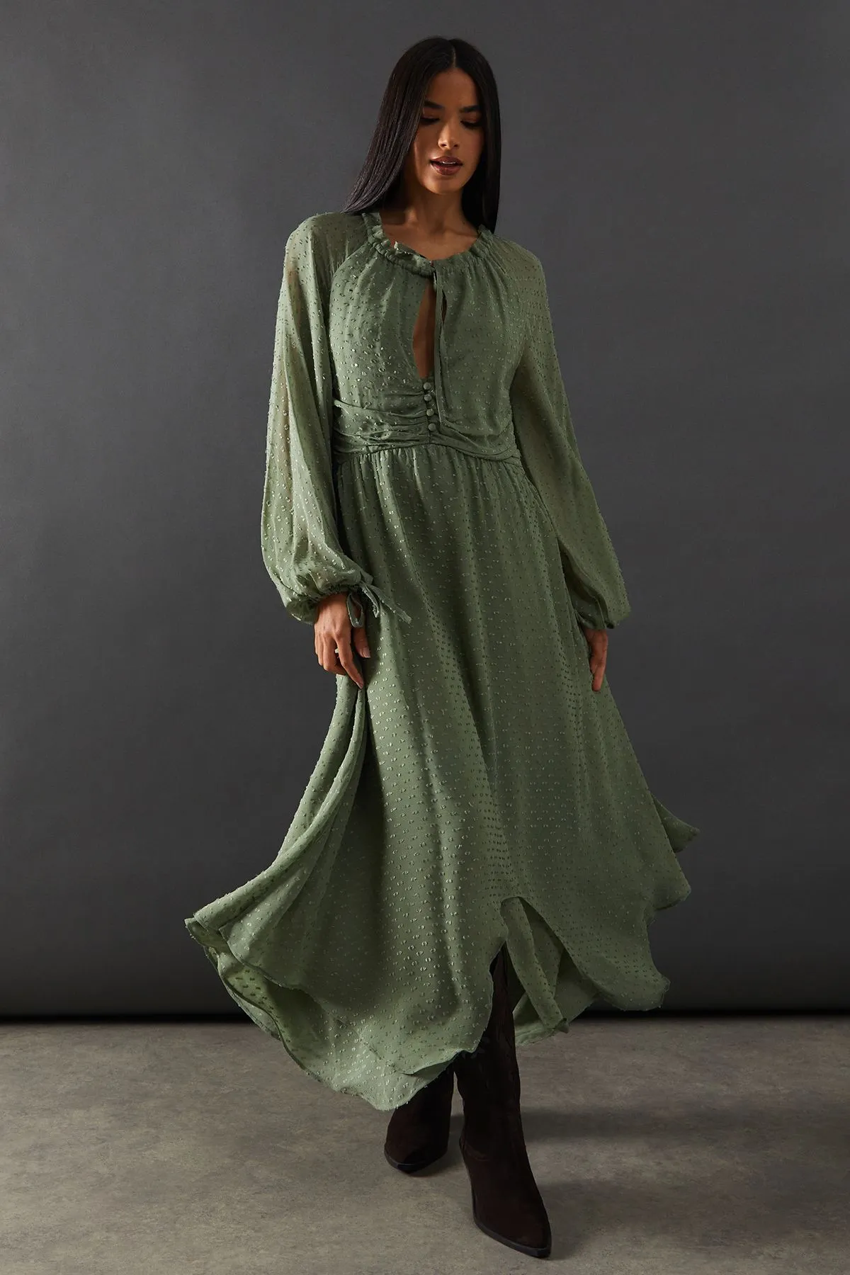 Tufted Dobby Chiffon Button Front Tie Neck Hanky Hem Midi Dress