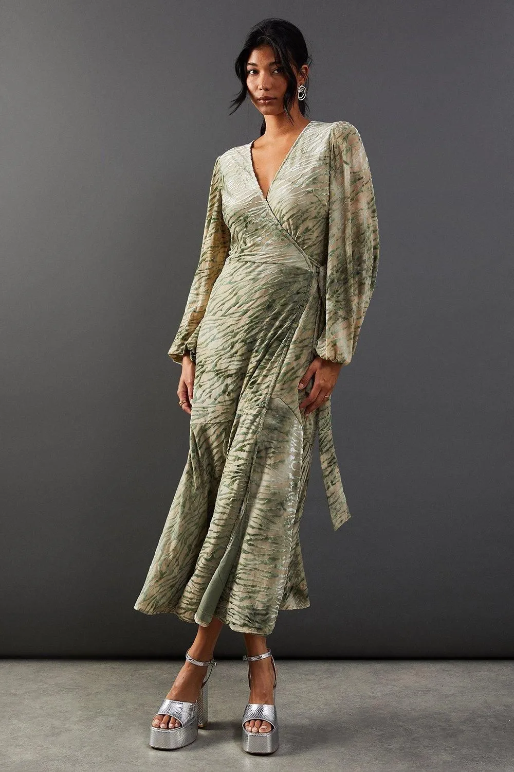 Zebra Velvet Wrap Asymmetric Tier Midi Dress