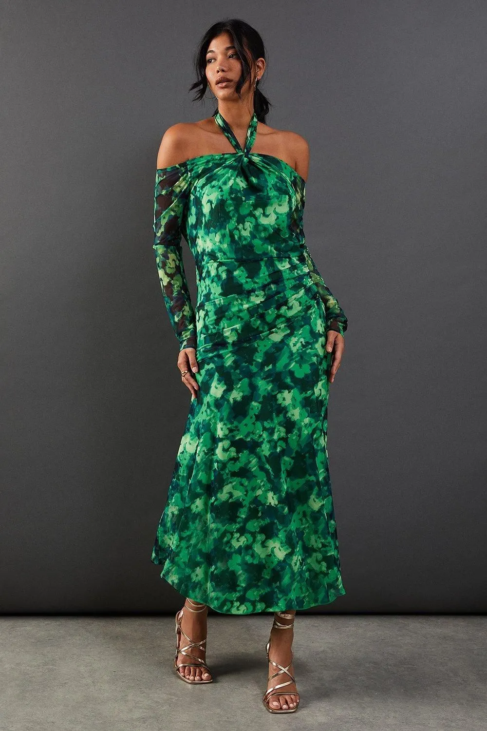 Abstract Print Twist Mesh Midi Dress