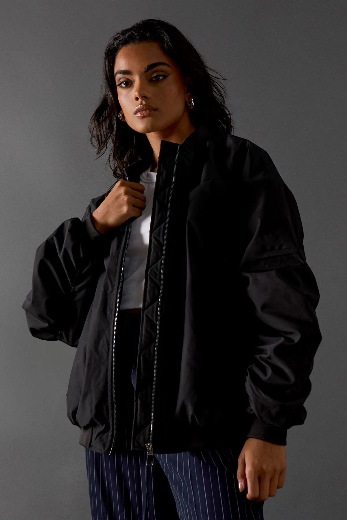 Ruched Detail Zip Through Bomber