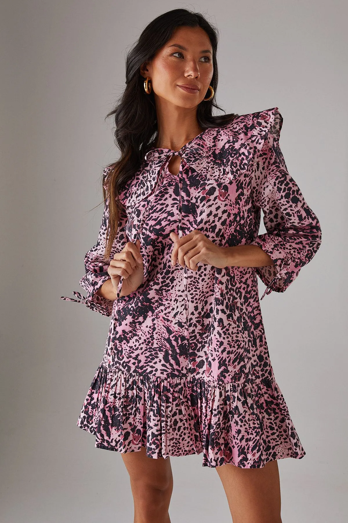 Animal Poplin Oversized Collar Tie Detail Mini Smock Dress