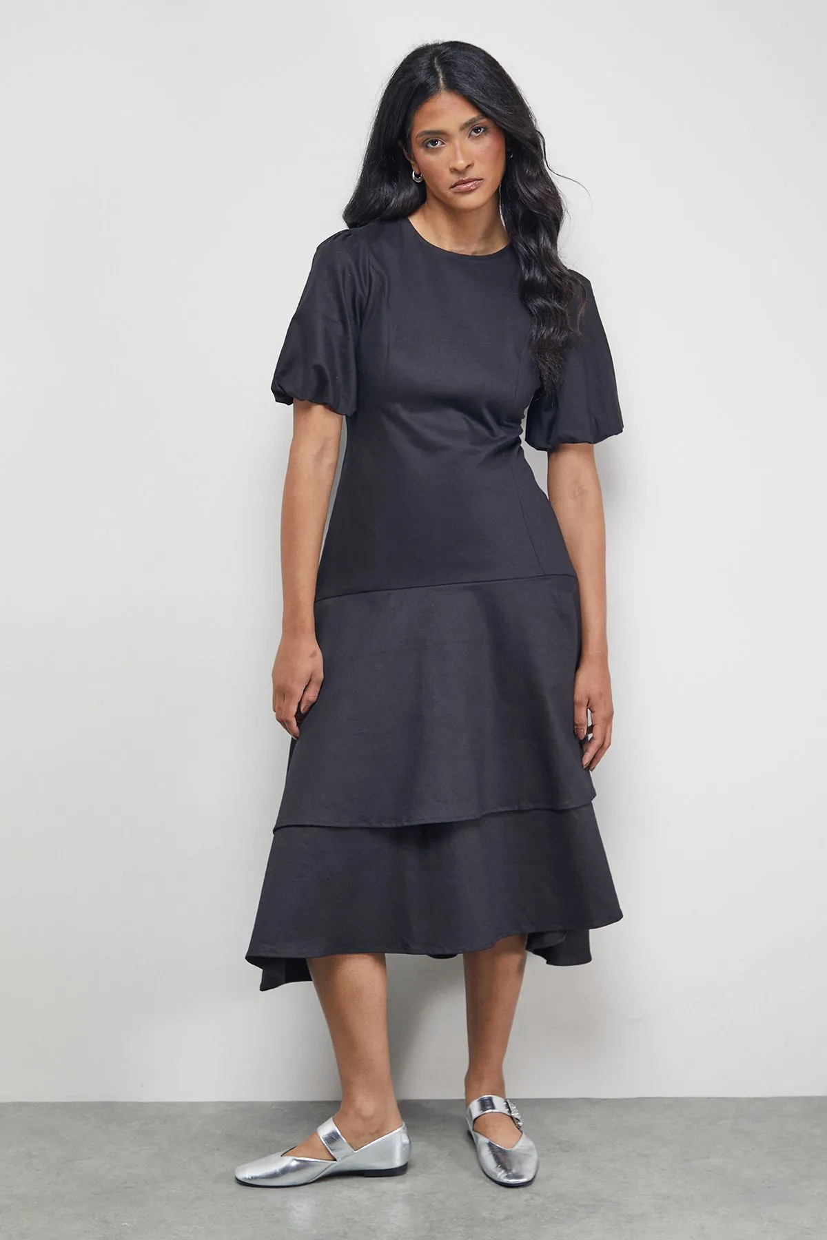 Twill Puff Sleeve Ruffle Hem Midi Dress