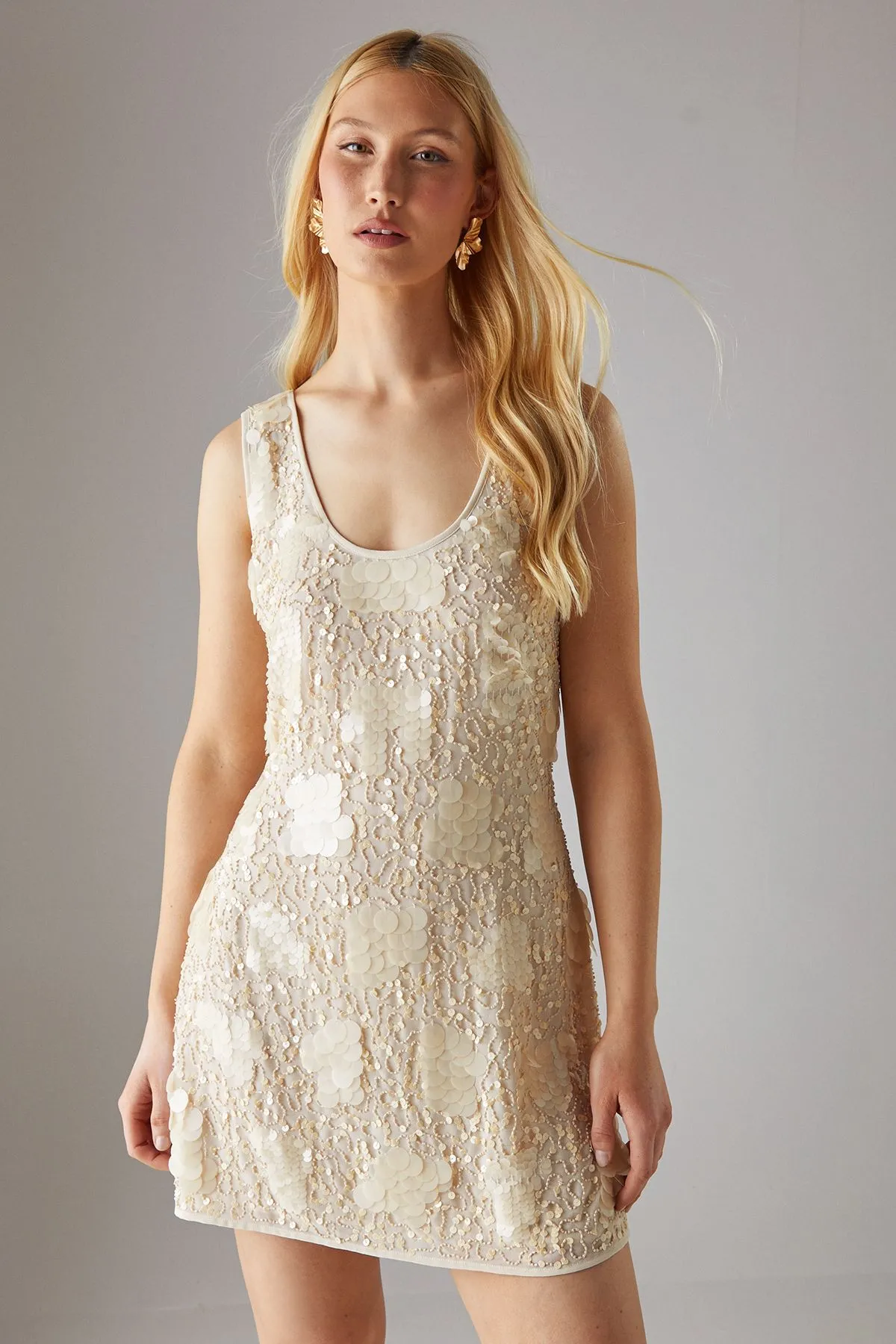 Hand Embellished Pearlescent Sequin Scoop Neck Mini Dress