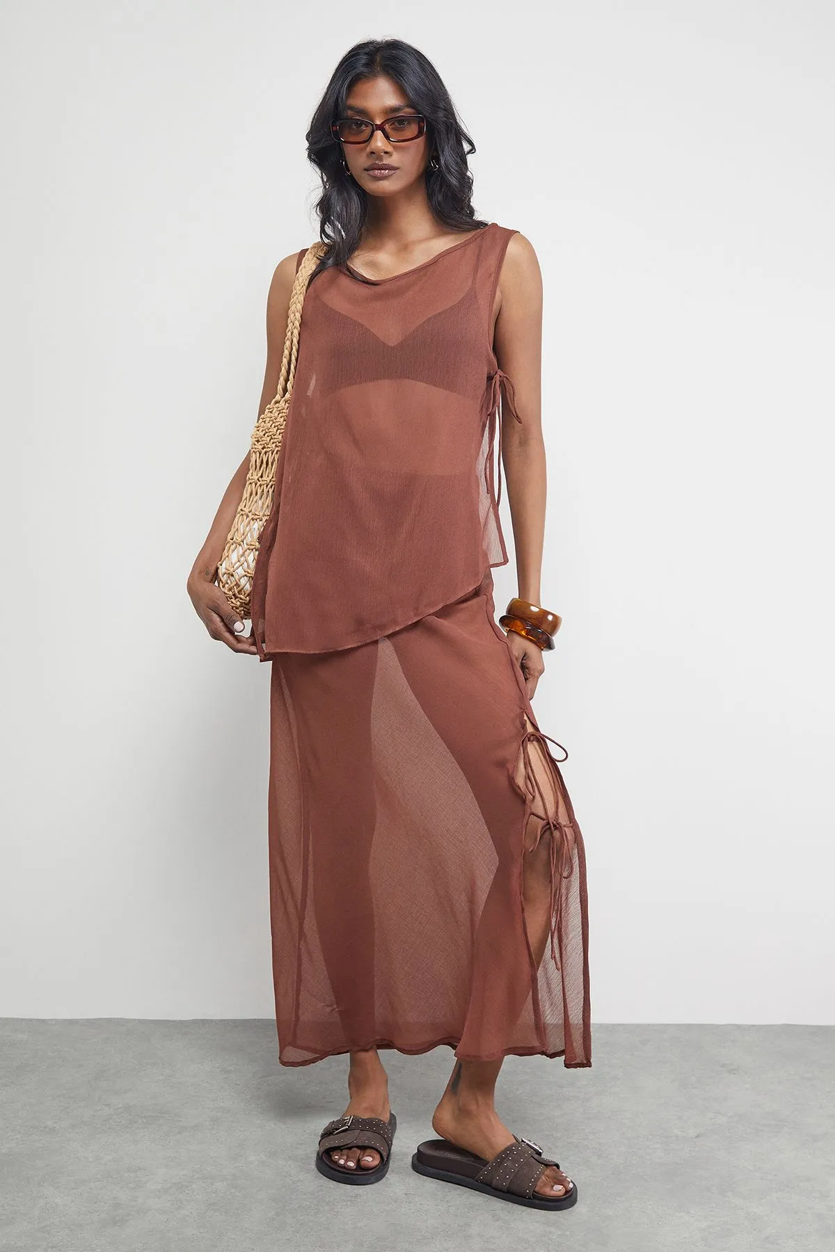 Chiffon Tie Side Column Midi Skirt