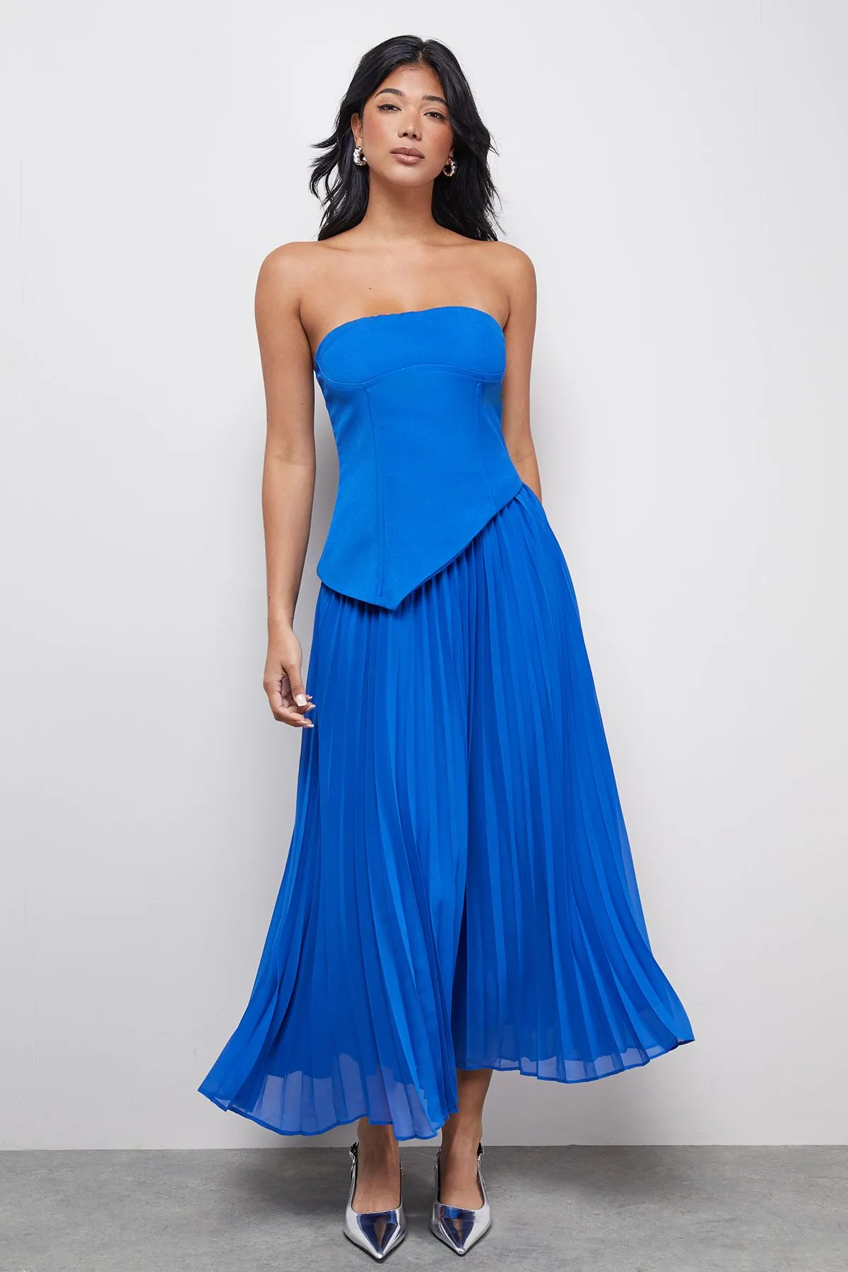 Bandeau Bodice Pleated Chiffon Midi Dress