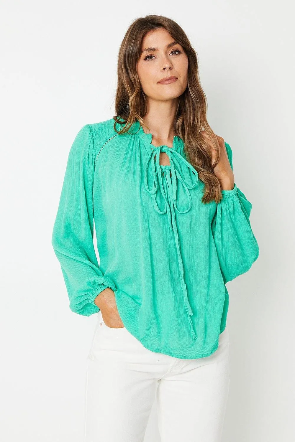 Viscose Crinkle Shirred Insert Tie Blouse