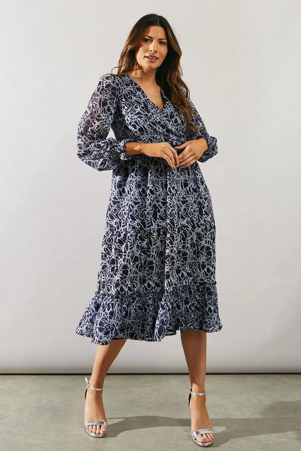 Chiffon Ruffle Detail Flute Sleeve Midi Dress