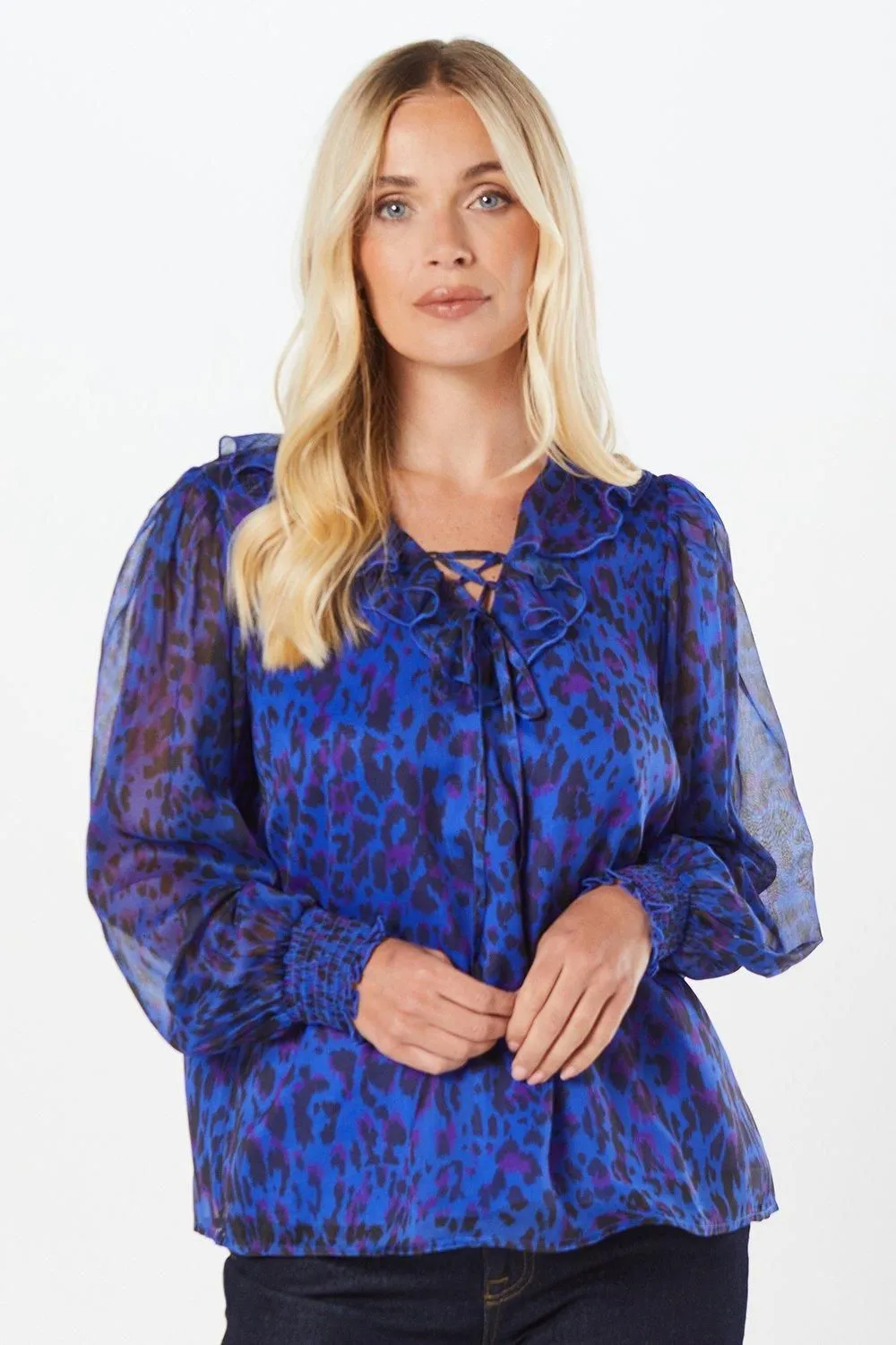 Petite Leopard Print Ruffle Tie Top