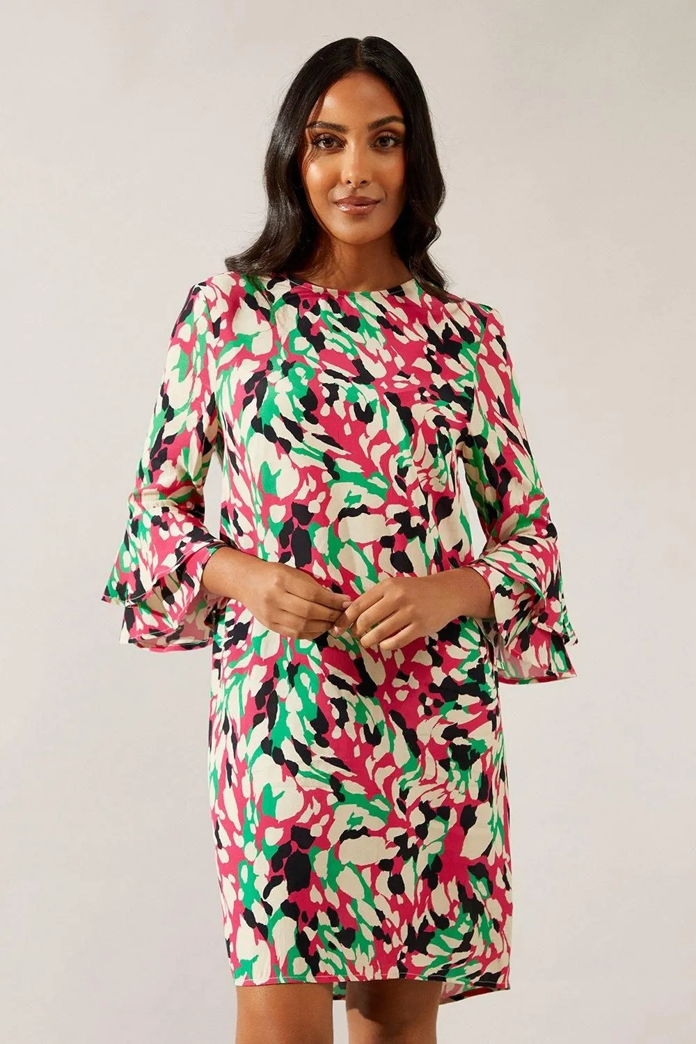 Pink Abstract Flute Sleeve Shift Dress