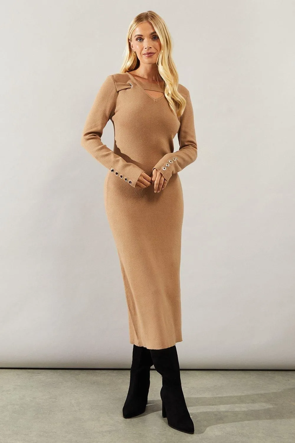 Petite Eyelet Strap Detail Knitted Midi Dress